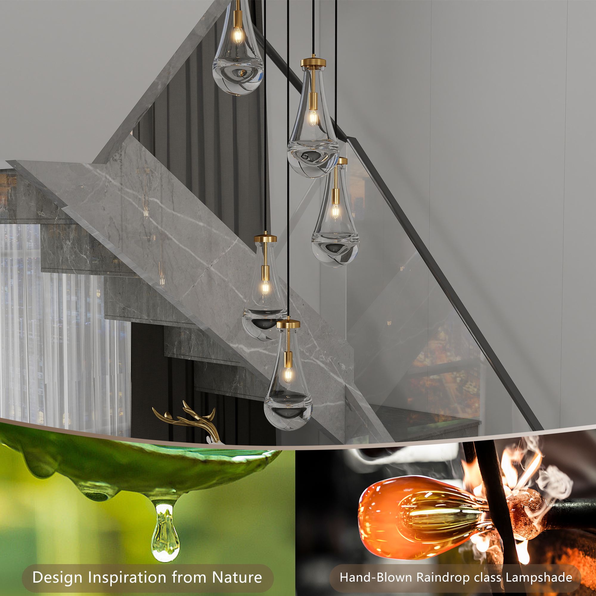 5 Light Cluster Pendant Light, Brass High Ceiling Chandeliers Adjustable, Living Room Pendant Light, Foyer Chandeliers, Stairwell Pendant Lights,E12 not Including Bulb - Image 3