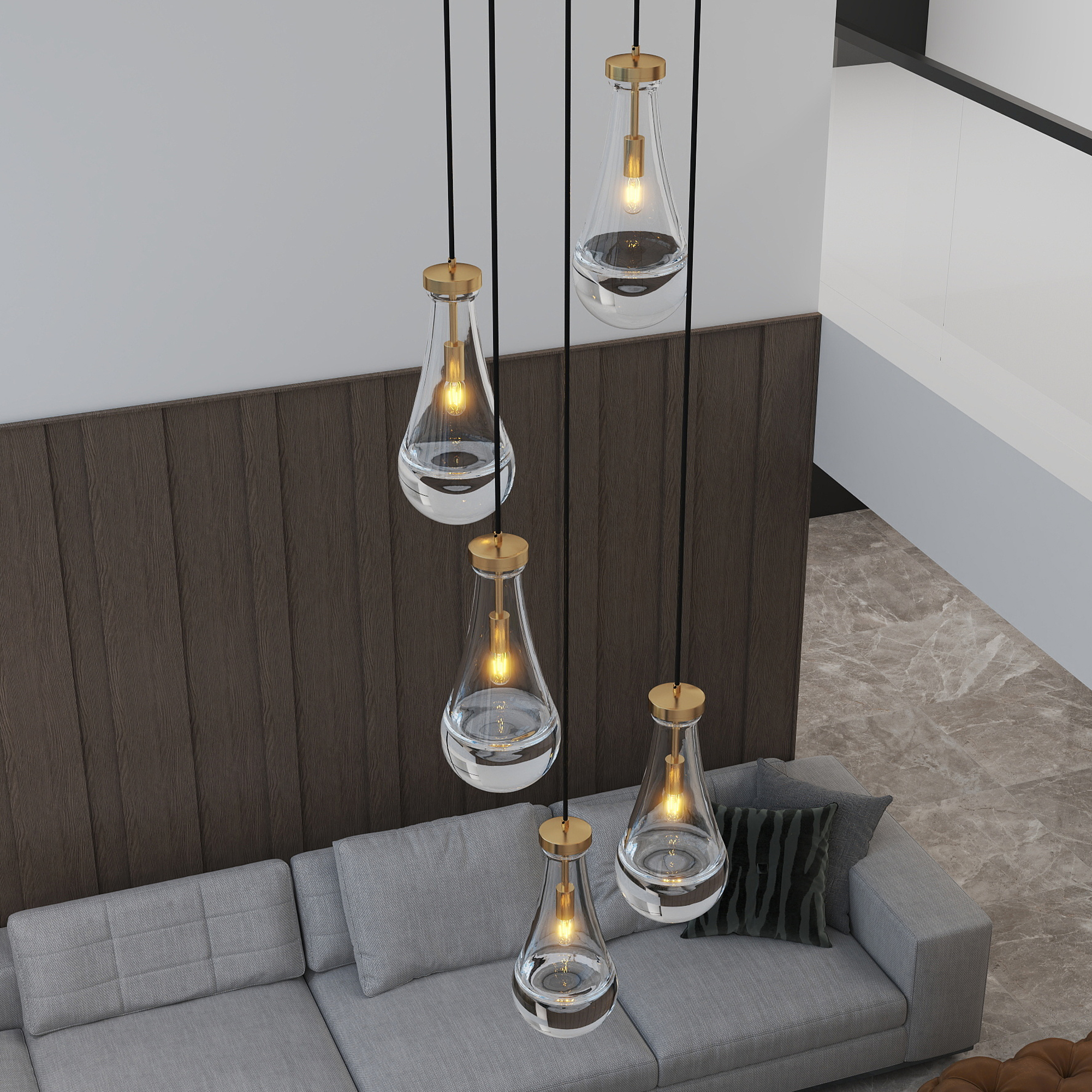 5 Light Cluster Pendant Light, Brass High Ceiling Chandeliers Adjustable, Living Room Pendant Light, Foyer Chandeliers, Stairwell Pendant Lights,E12 not Including Bulb - Image 4