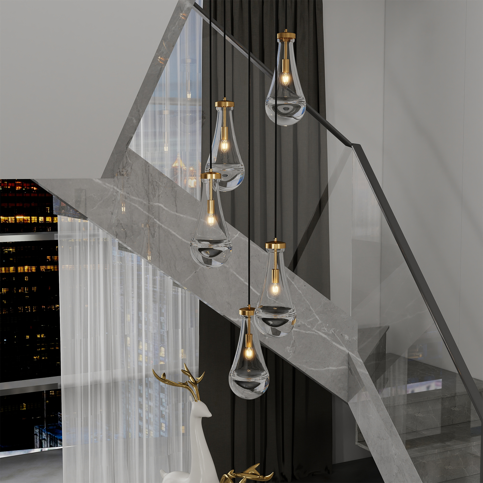 5 Light Cluster Pendant Light, Brass High Ceiling Chandeliers Adjustable, Living Room Pendant Light, Foyer Chandeliers, Stairwell Pendant Lights,E12 not Including Bulb - Image 5