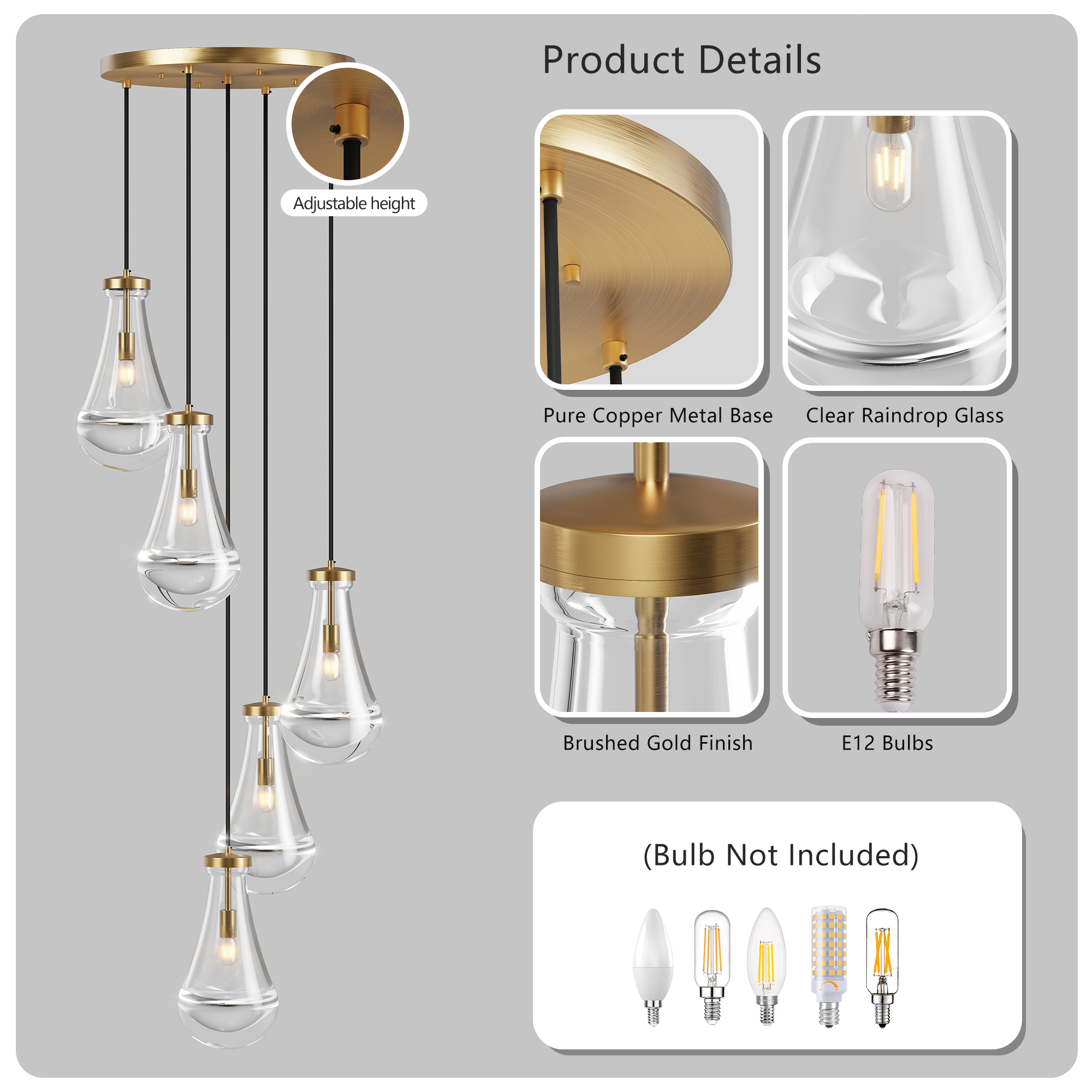 5 Light Cluster Pendant Light, Brass High Ceiling Chandeliers Adjustable, Living Room Pendant Light, Foyer Chandeliers, Stairwell Pendant Lights,E12 not Including Bulb - Image 6
