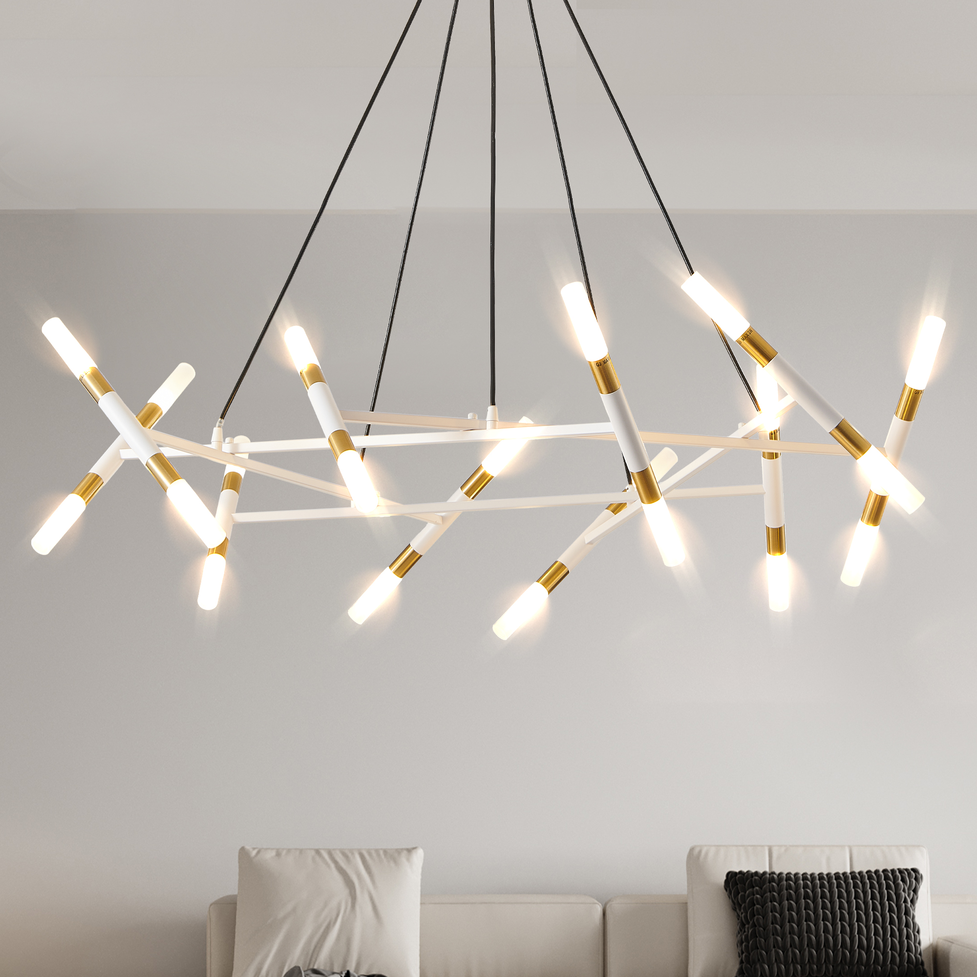 41" White & Golden Modern Chandelier Light Fixture, Branch Design with Frosted Tubes, Black Cords, Adjustable Height Pendant Light for Dining Room, Living Room, or Kitchen Island (Bulb Not Included) - Image 2