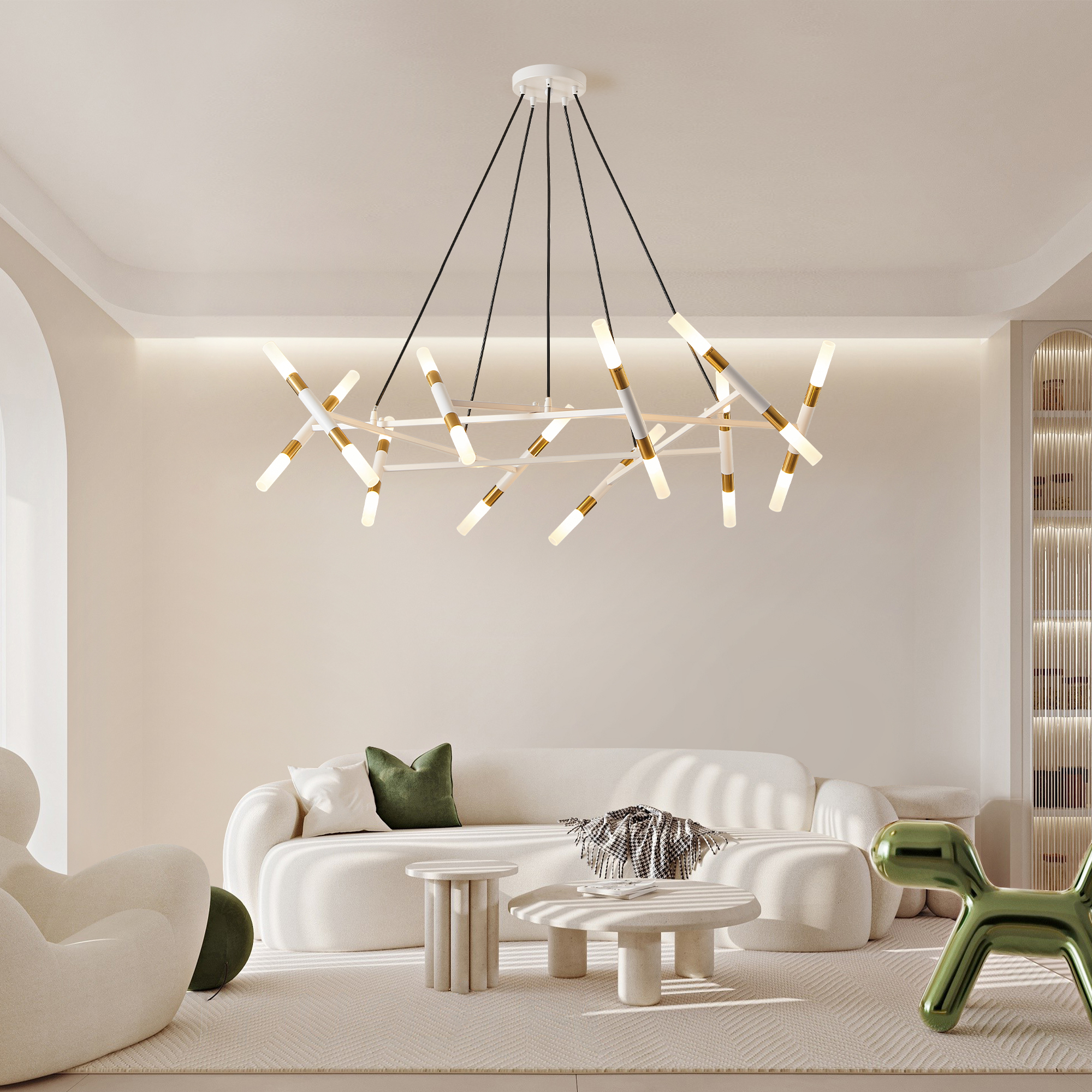 41" White & Golden Modern Chandelier Light Fixture, Branch Design with Frosted Tubes, Black Cords, Adjustable Height Pendant Light for Dining Room, Living Room, or Kitchen Island (Bulb Not Included) - Image 3