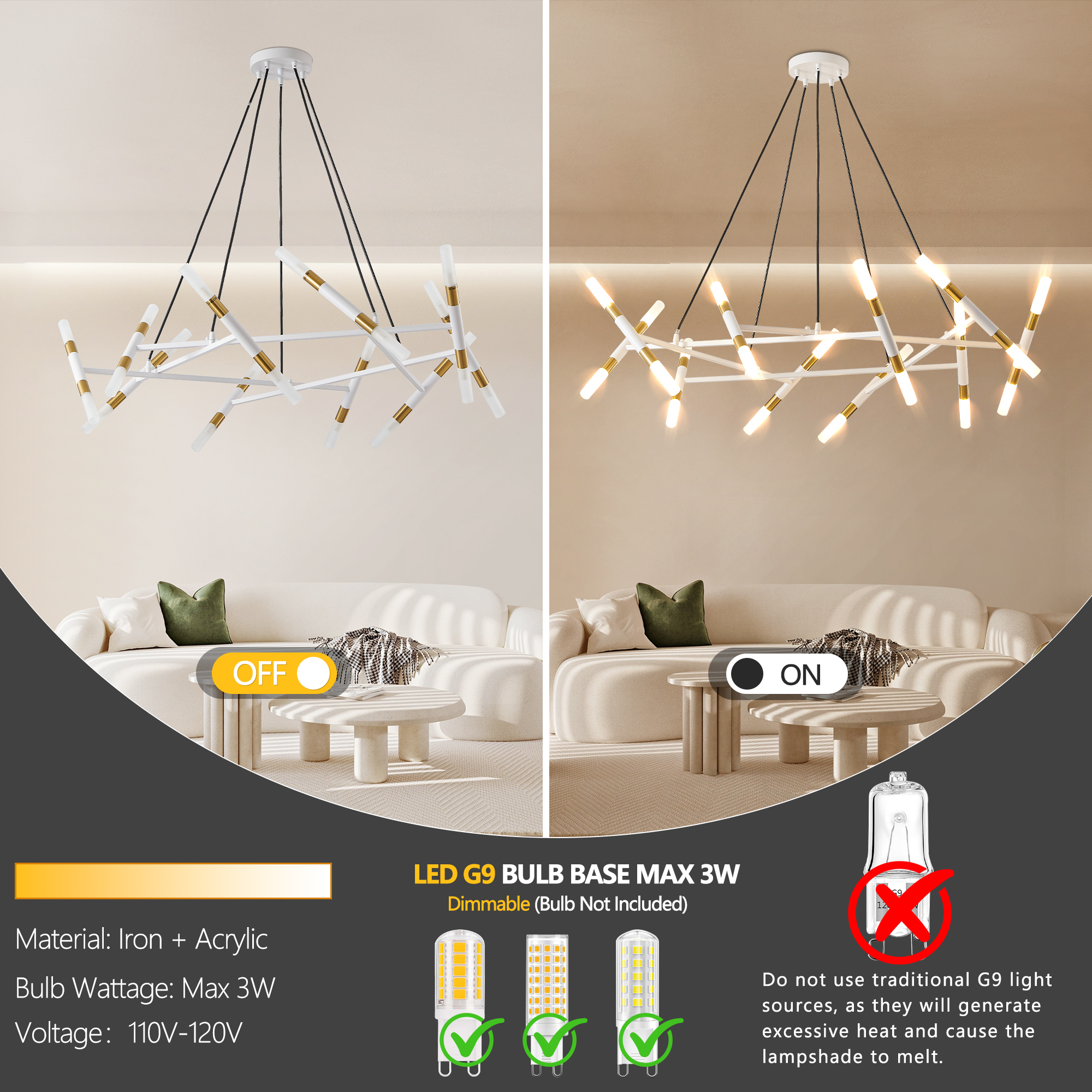 41" White & Golden Modern Chandelier Light Fixture, Branch Design with Frosted Tubes, Black Cords, Adjustable Height Pendant Light for Dining Room, Living Room, or Kitchen Island (Bulb Not Included) - Image 5