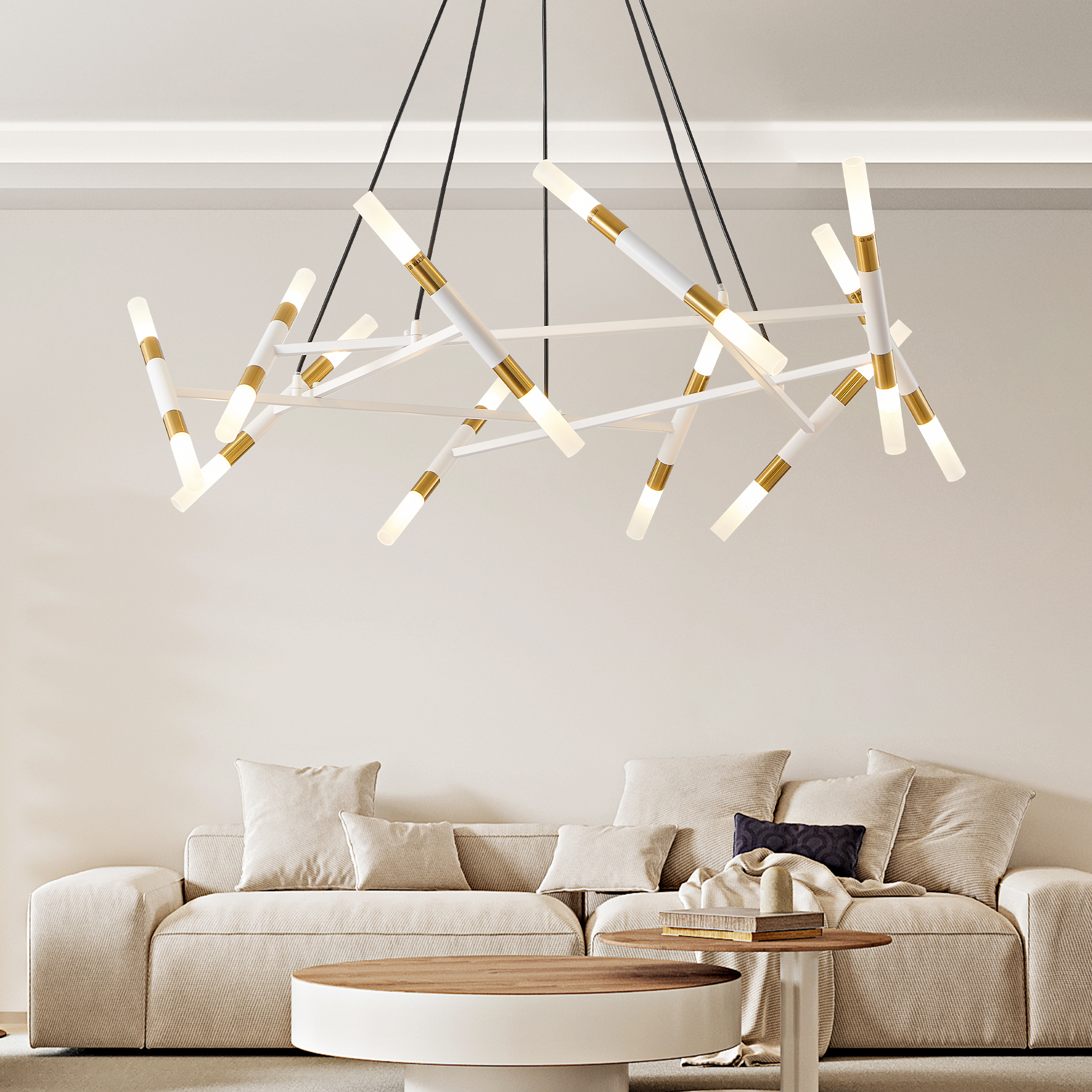 41" White & Golden Modern Chandelier Light Fixture, Branch Design with Frosted Tubes, Black Cords, Adjustable Height Pendant Light for Dining Room, Living Room, or Kitchen Island (Bulb Not Included) - Image 4