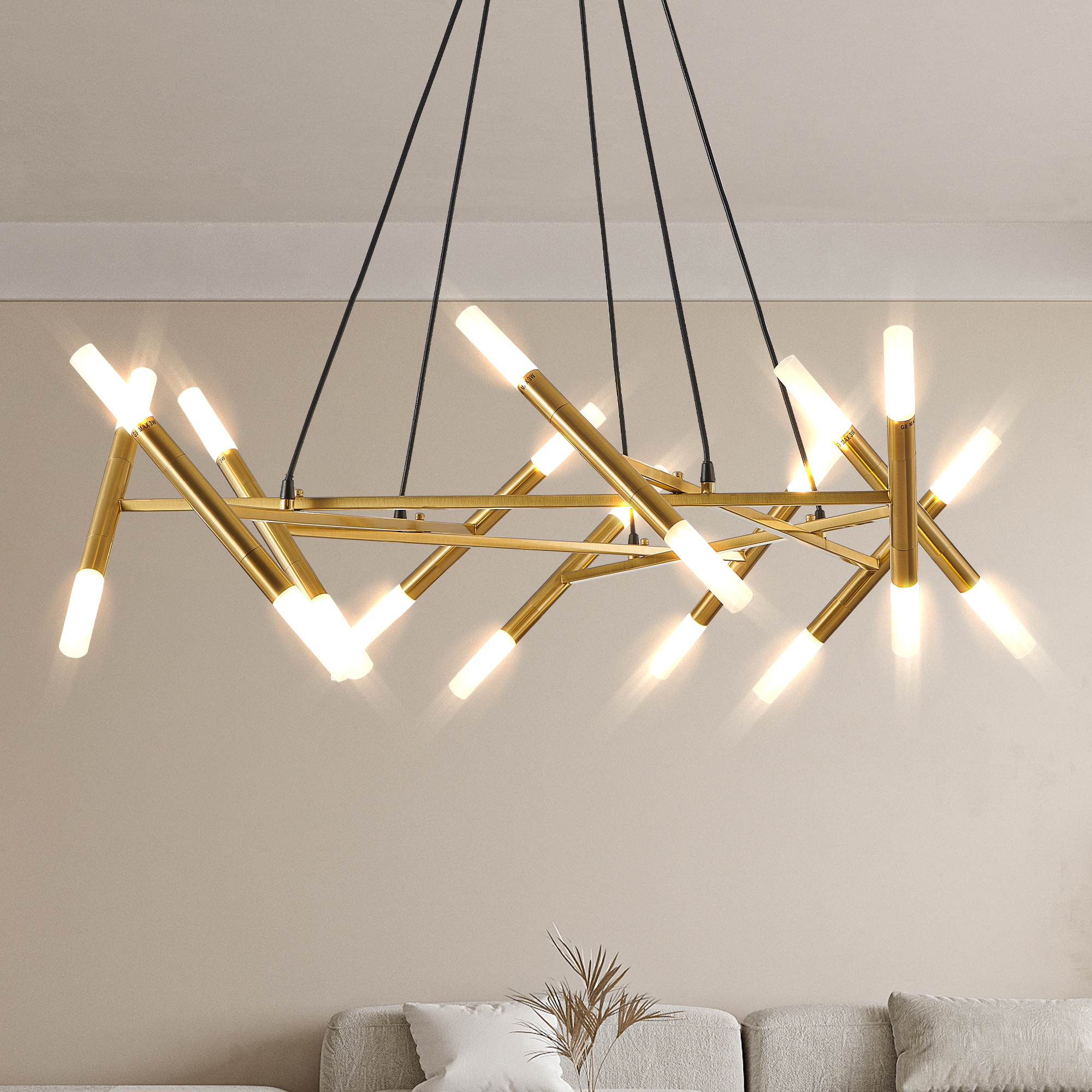 41" Golden Modern Chandelier Light Fixture, Branch Design with Frosted Tubes, Black Cords, Adjustable Height Pendant Light for Dining Room, Living Room, or Kitchen Island (Bulb Not Included) - Image 2