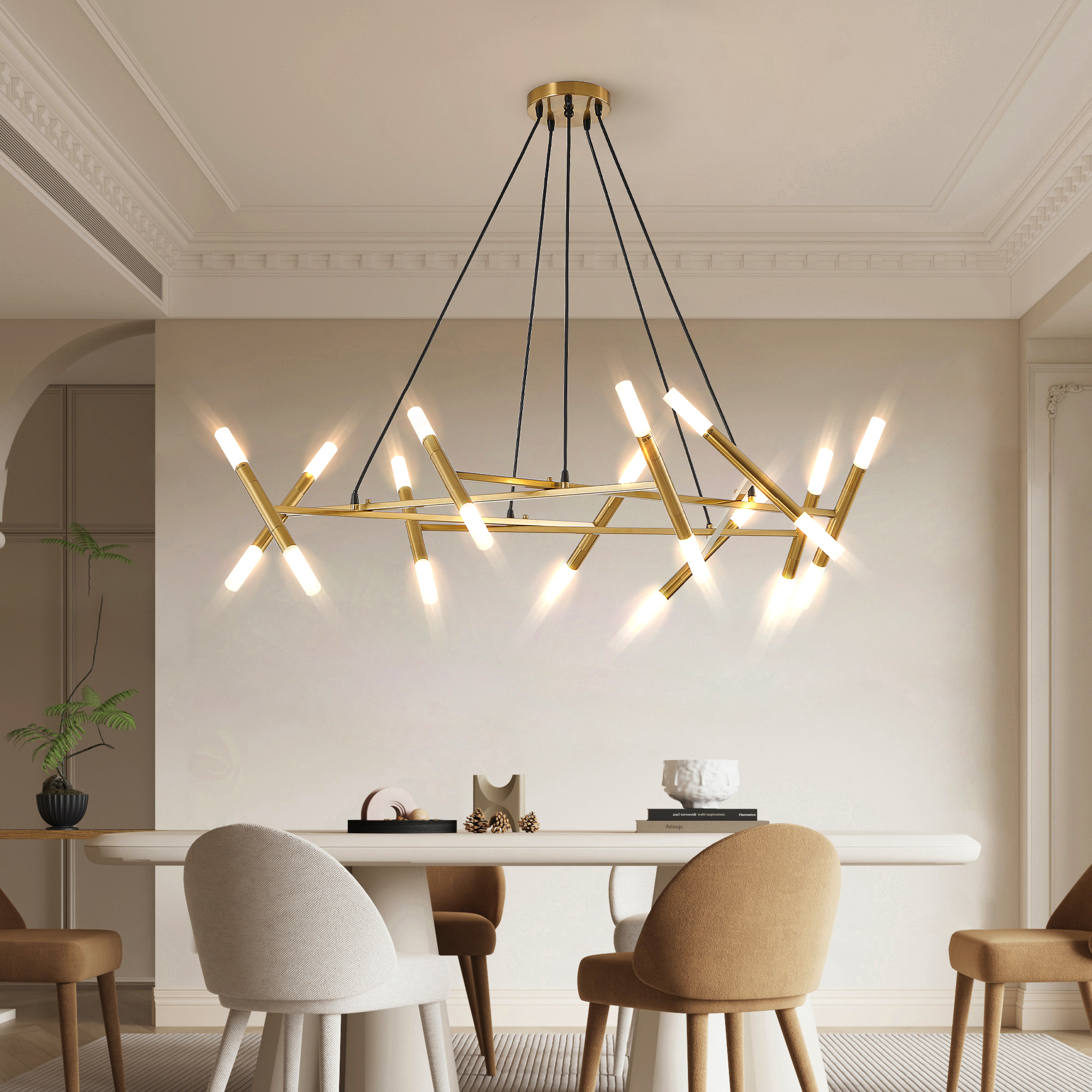 41" Golden Modern Chandelier Light Fixture, Branch Design with Frosted Tubes, Black Cords, Adjustable Height Pendant Light for Dining Room, Living Room, or Kitchen Island (Bulb Not Included) - Image 3