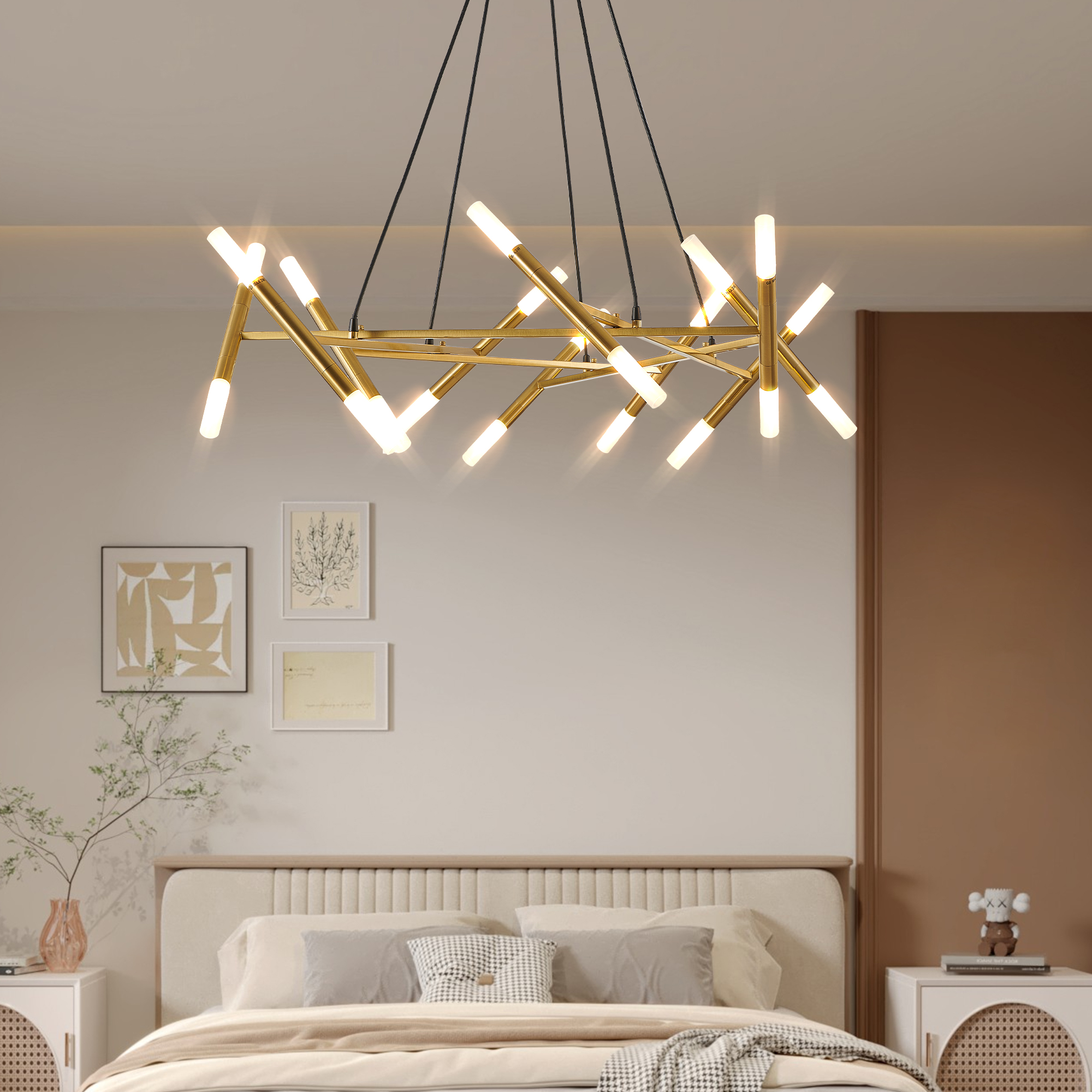 41" Golden Modern Chandelier Light Fixture, Branch Design with Frosted Tubes, Black Cords, Adjustable Height Pendant Light for Dining Room, Living Room, or Kitchen Island (Bulb Not Included) - Image 4