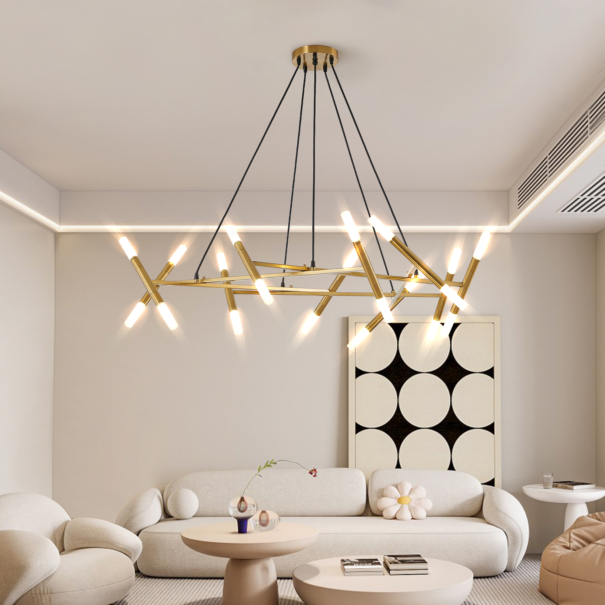 41" Golden Modern Chandelier Light Fixture, Branch Design with Frosted Tubes, Black Cords, Adjustable Height Pendant Light for Dining Room, Living Room, or Kitchen Island (Bulb Not Included) - Image 5