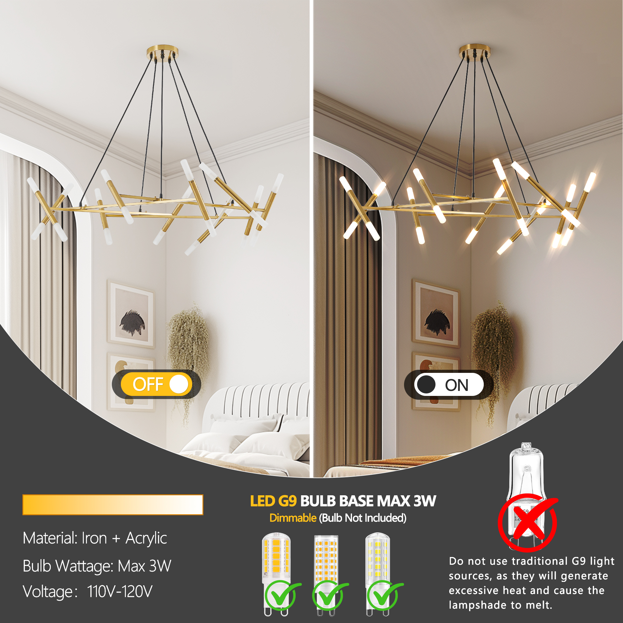 41" Golden Modern Chandelier Light Fixture, Branch Design with Frosted Tubes, Black Cords, Adjustable Height Pendant Light for Dining Room, Living Room, or Kitchen Island (Bulb Not Included) - Image 6