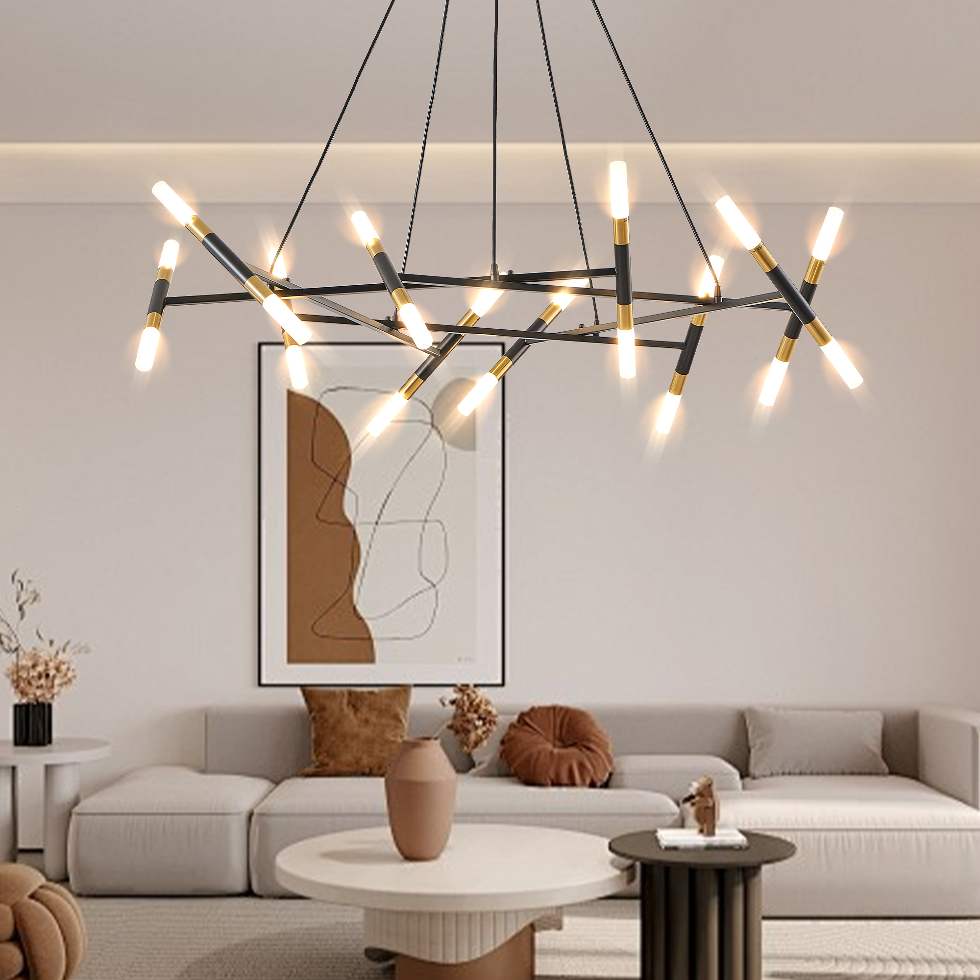41" Black & Golden Modern Chandelier Light Fixture, Branch Design with Frosted Tubes, Black Cords, Adjustable Height Pendant Light for Dining Room, Living Room, or Kitchen Island (Bulb Not Included) - Image 2