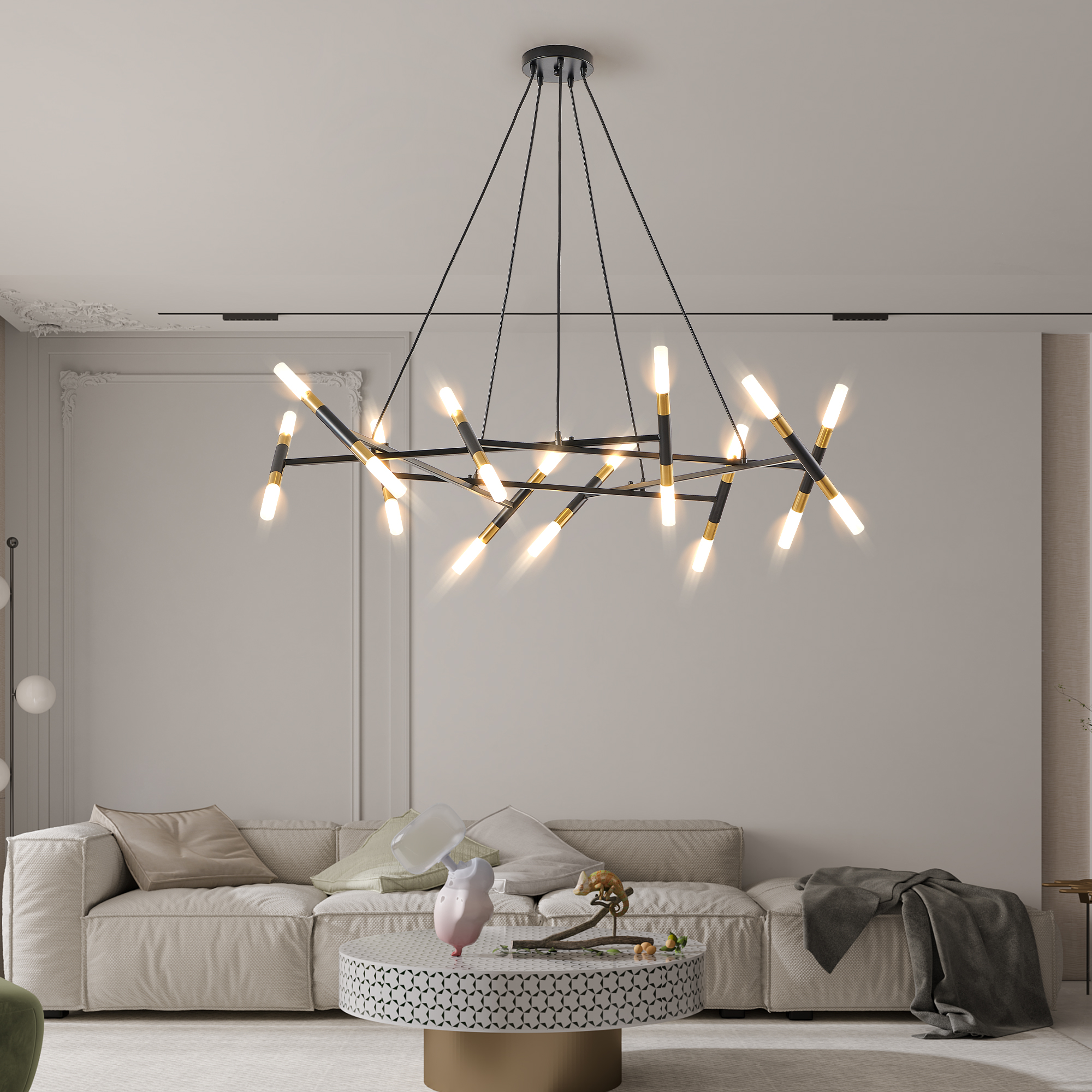 41" Black & Golden Modern Chandelier Light Fixture, Branch Design with Frosted Tubes, Black Cords, Adjustable Height Pendant Light for Dining Room, Living Room, or Kitchen Island (Bulb Not Included) - Image 3