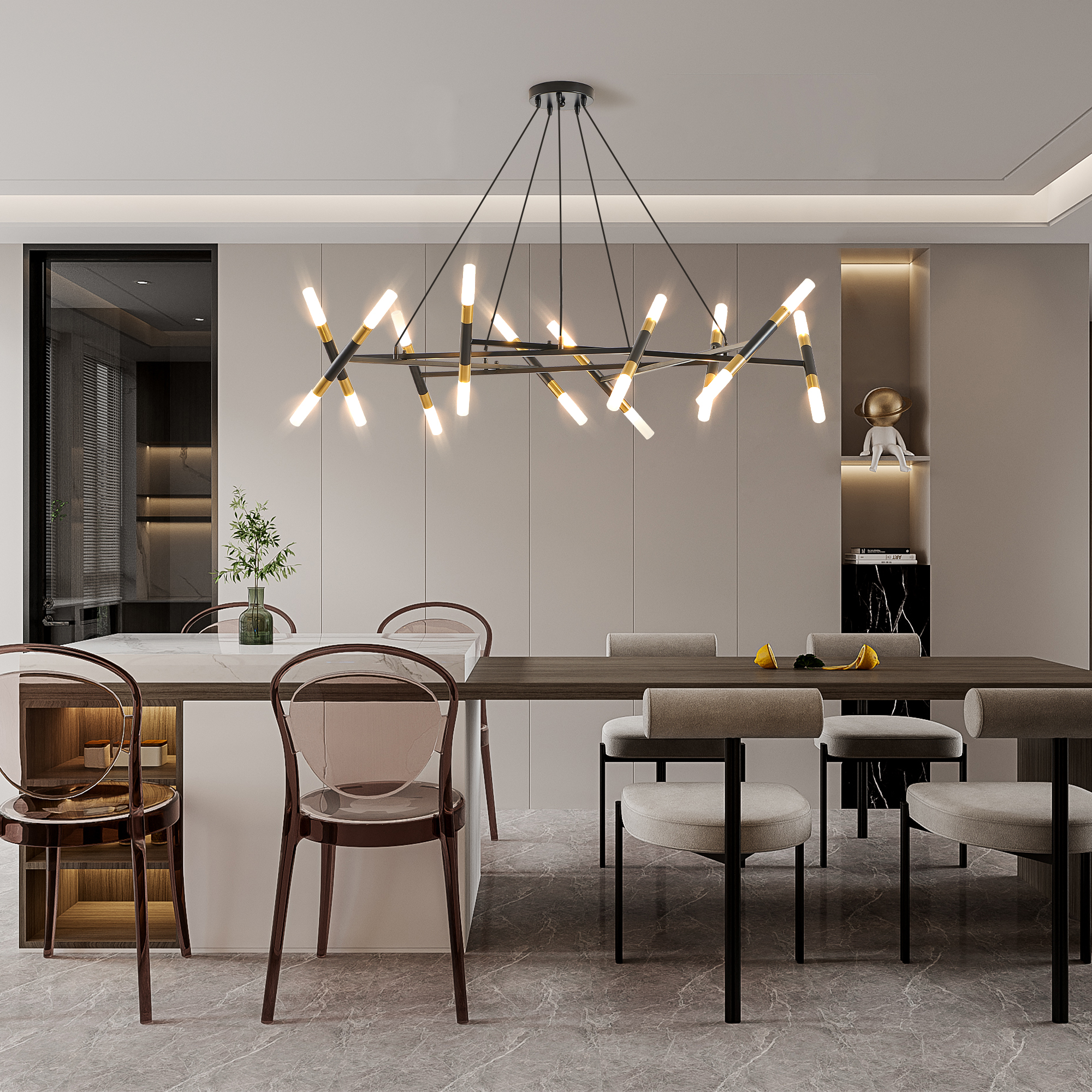 41" Black & Golden Modern Chandelier Light Fixture, Branch Design with Frosted Tubes, Black Cords, Adjustable Height Pendant Light for Dining Room, Living Room, or Kitchen Island (Bulb Not Included) - Image 5