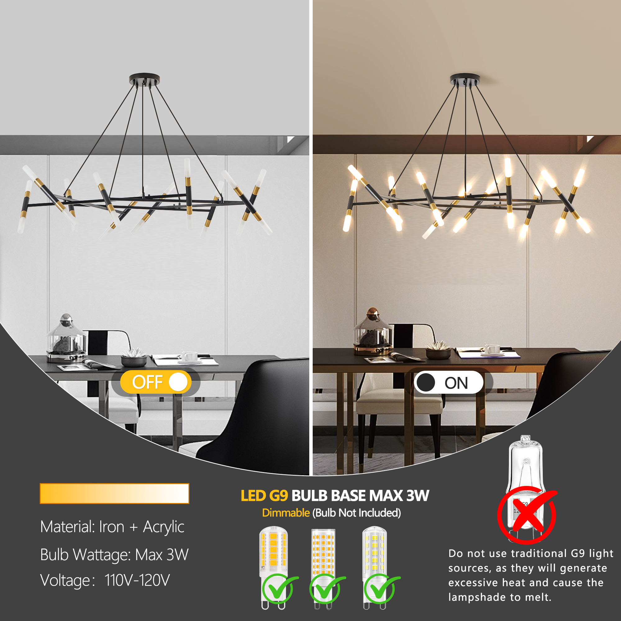 41" Black & Golden Modern Chandelier Light Fixture, Branch Design with Frosted Tubes, Black Cords, Adjustable Height Pendant Light for Dining Room, Living Room, or Kitchen Island (Bulb Not Included) - Image 6
