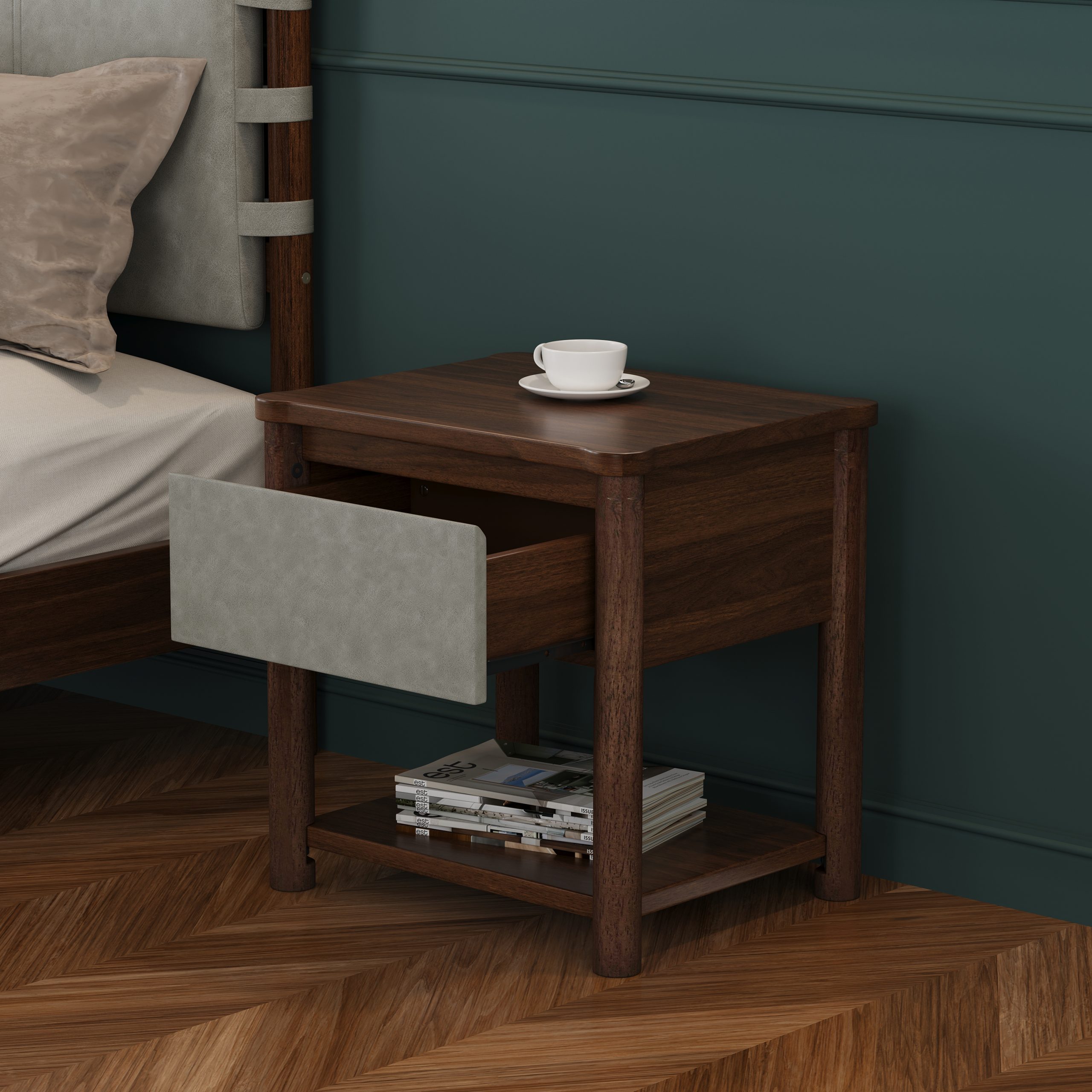 Wood Nightstand,Modern Nightstands with Drawer, Farmhouse Bedside Table for Bedroom Living Room,MP2(set of 2) Walnut&Light Grey Color - Image 4