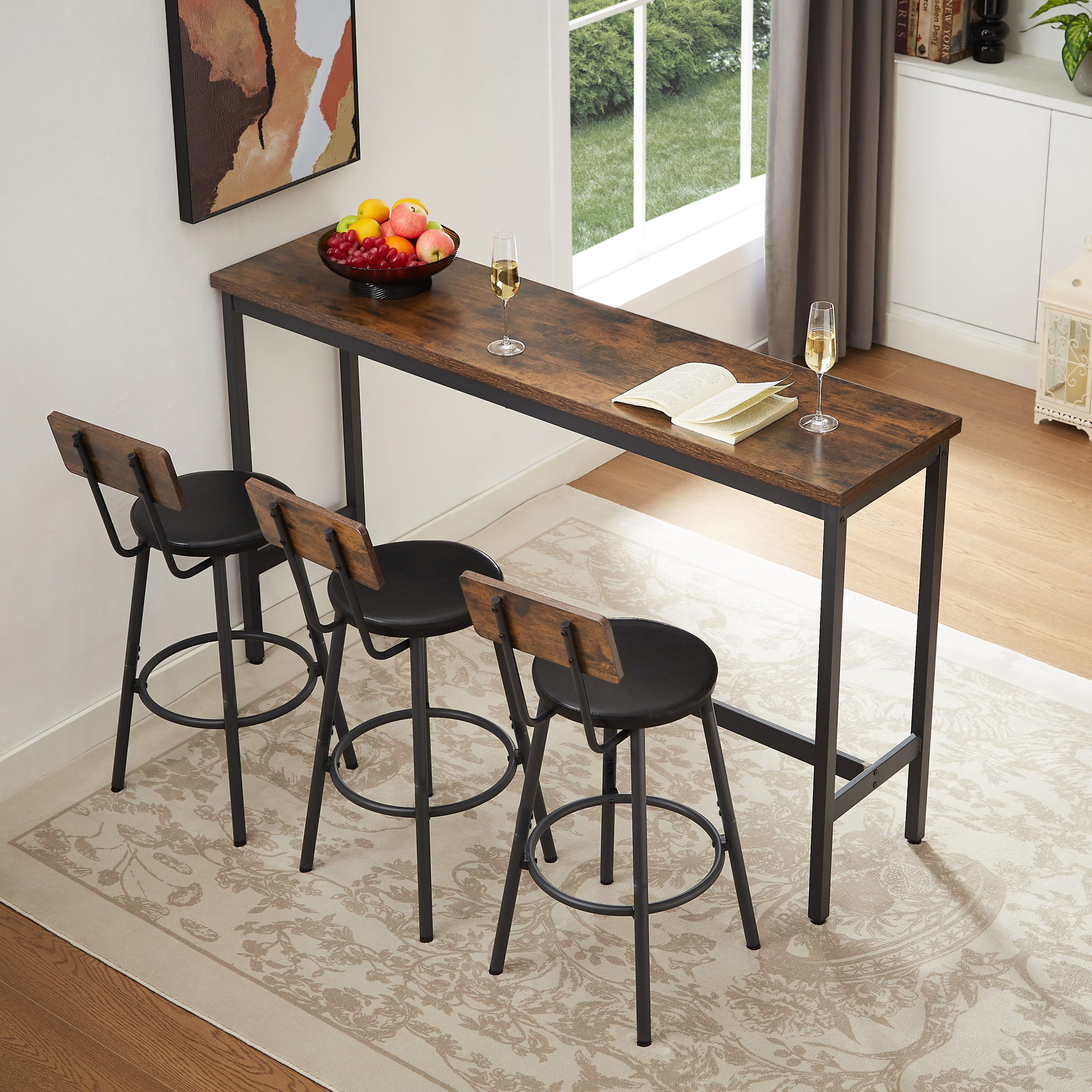 Long Bar Table Set with 3 PU Upholstered Bar Stools, Industrial Bar Table and Chairs for Kitchen Breakfast Table, Living Room, Banquet Hall, Rustic Brown and Black, 63″L x15.7"W x 37.5"H - Image 2