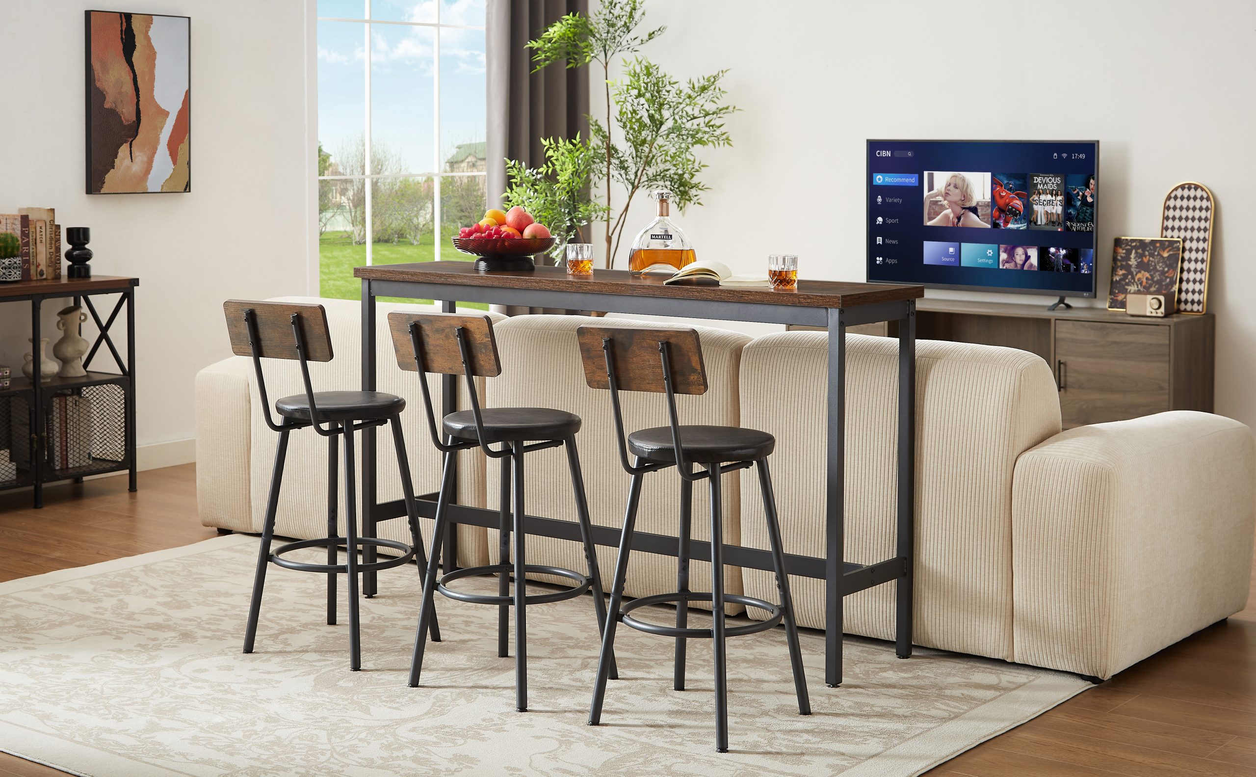 Long Bar Table Set with 3 PU Upholstered Bar Stools, Industrial Bar Table and Chairs for Kitchen Breakfast Table, Living Room, Banquet Hall, Rustic Brown and Black, 63″L x15.7"W x 37.5"H - Image 3