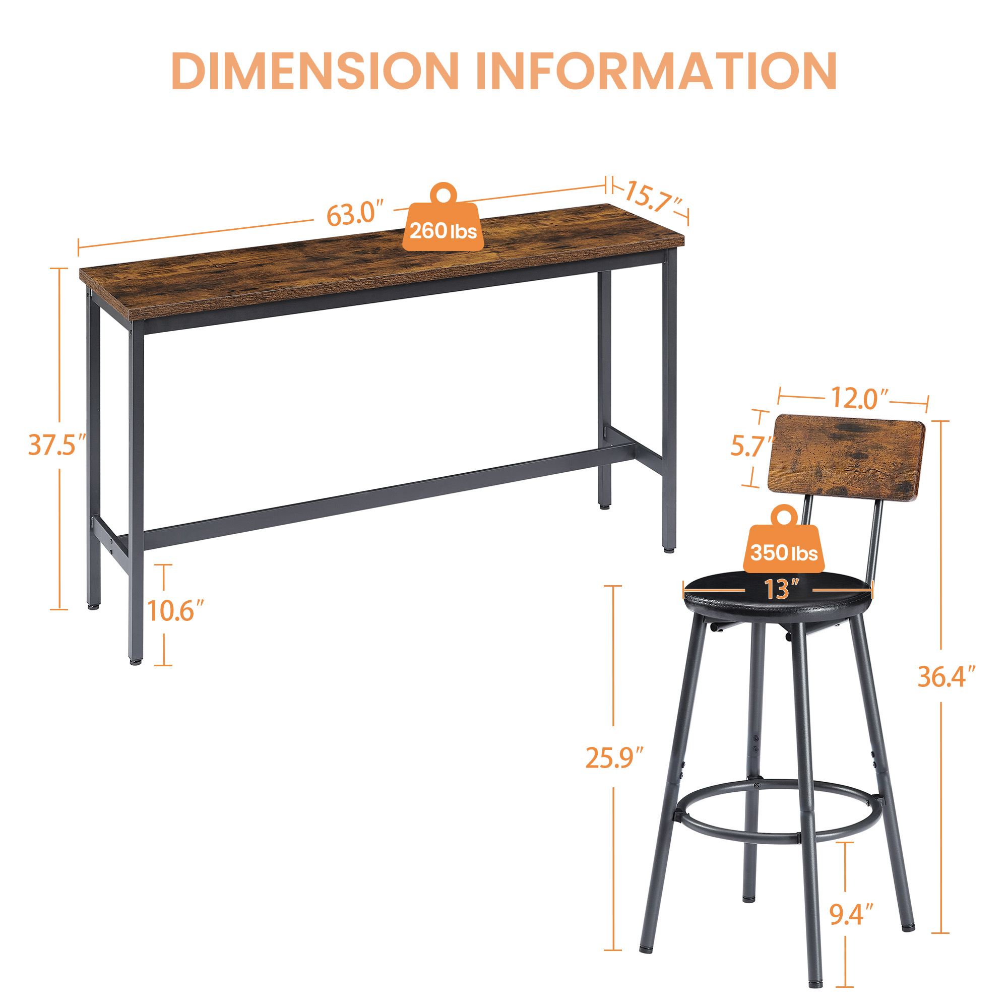 Long Bar Table Set with 3 PU Upholstered Bar Stools, Industrial Bar Table and Chairs for Kitchen Breakfast Table, Living Room, Banquet Hall, Rustic Brown and Black, 63″L x15.7"W x 37.5"H - Image 4