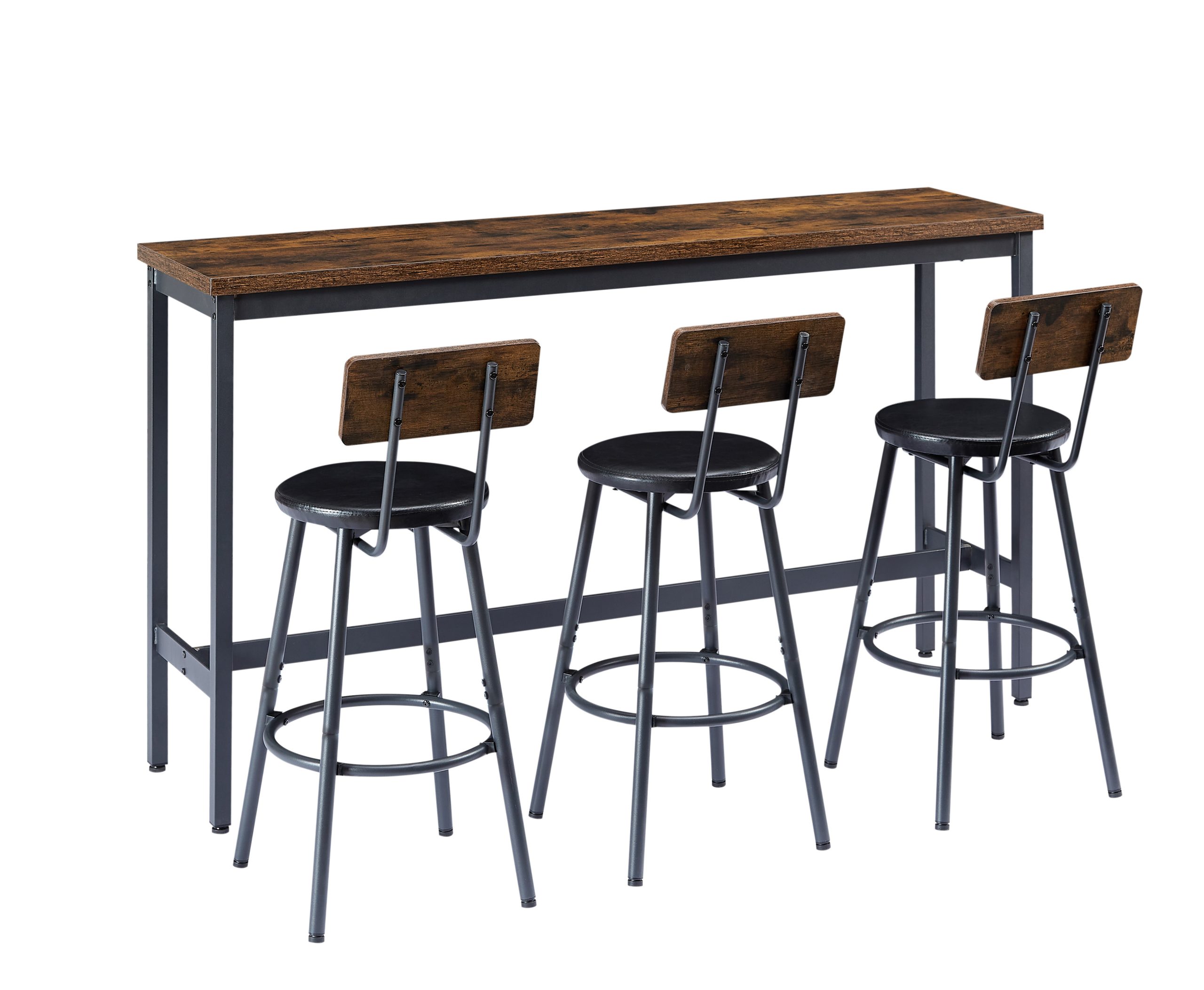 Long Bar Table Set with 3 PU Upholstered Bar Stools, Industrial Bar Table and Chairs for Kitchen Breakfast Table, Living Room, Banquet Hall, Rustic Brown and Black, 63″L x15.7"W x 37.5"H - Image 5
