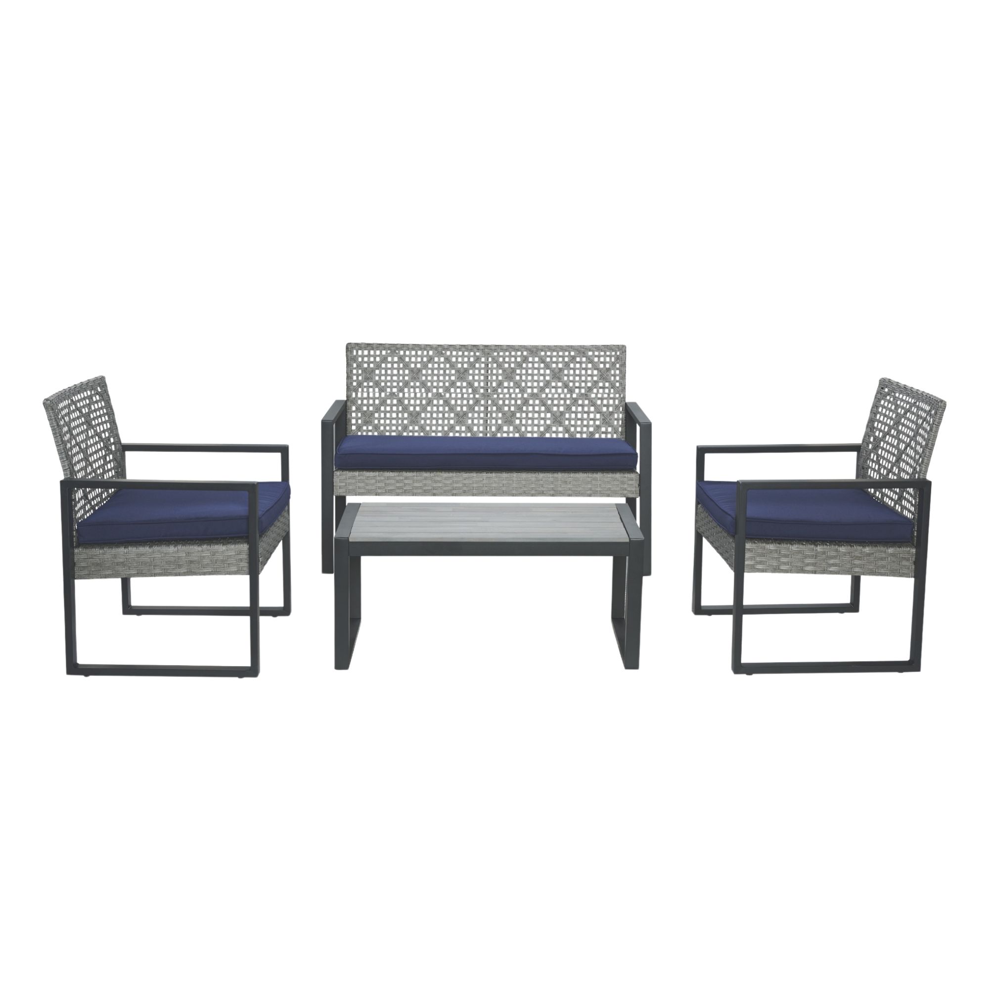 4-Piece Patio Furniture Set Outdoor Balcony Porch Garden Backyard Lawn Furniture Gray Acacia Wood Table Top, Blue Cushion and Light Gray rattan - Image 2