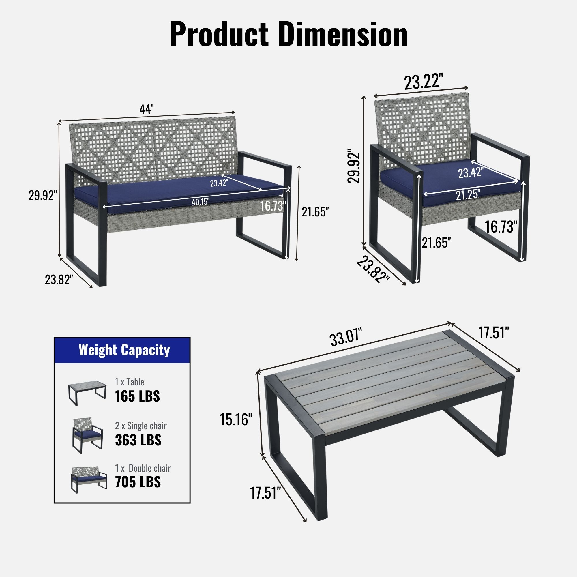4-Piece Patio Furniture Set Outdoor Balcony Porch Garden Backyard Lawn Furniture Gray Acacia Wood Table Top, Blue Cushion and Light Gray rattan - Image 3