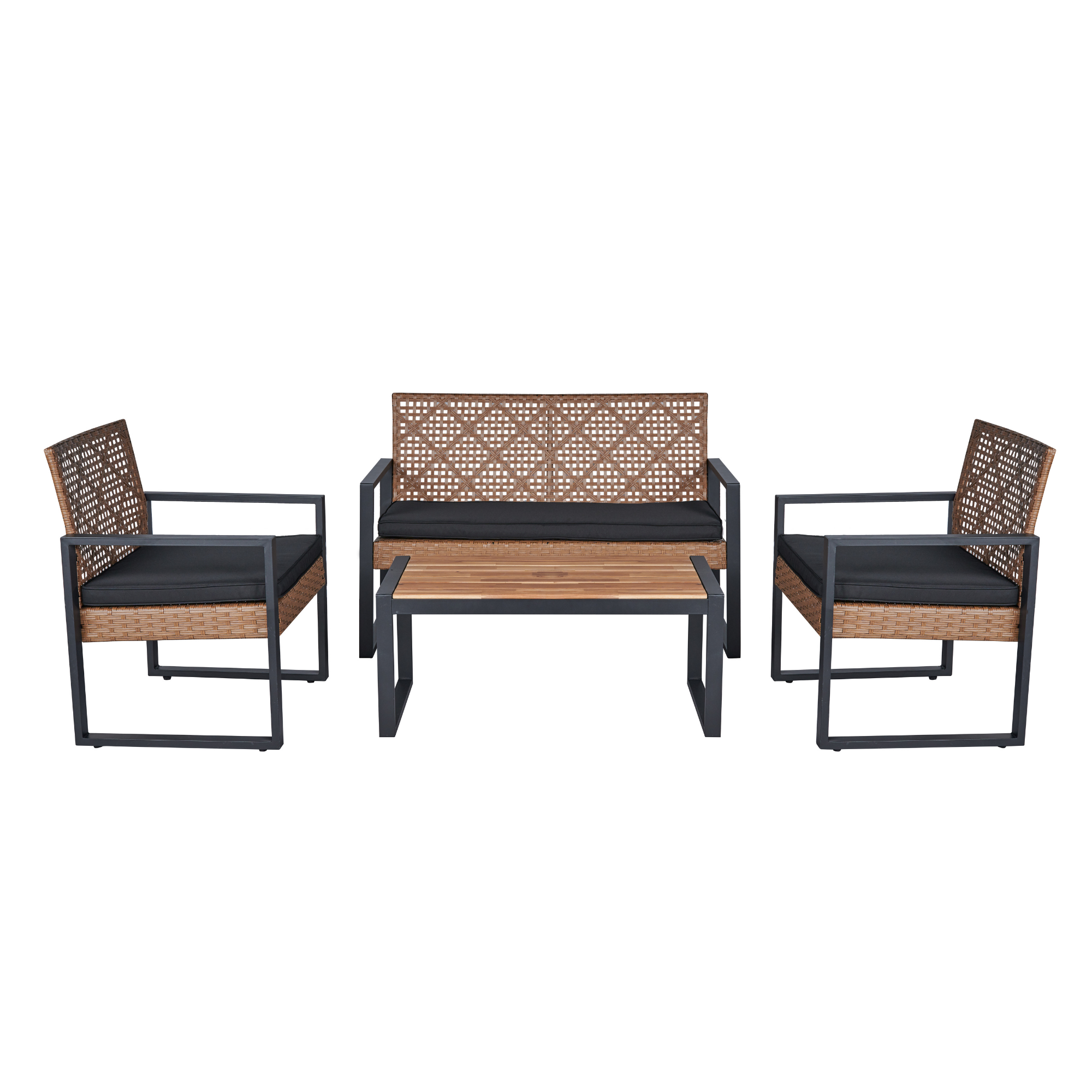 4-Piece Patio Furniture Set Outdoor Balcony Porch Garden Backyard Lawn Furniture Acacia Wood Table Top, Morden Black and Light Brown - Image 2