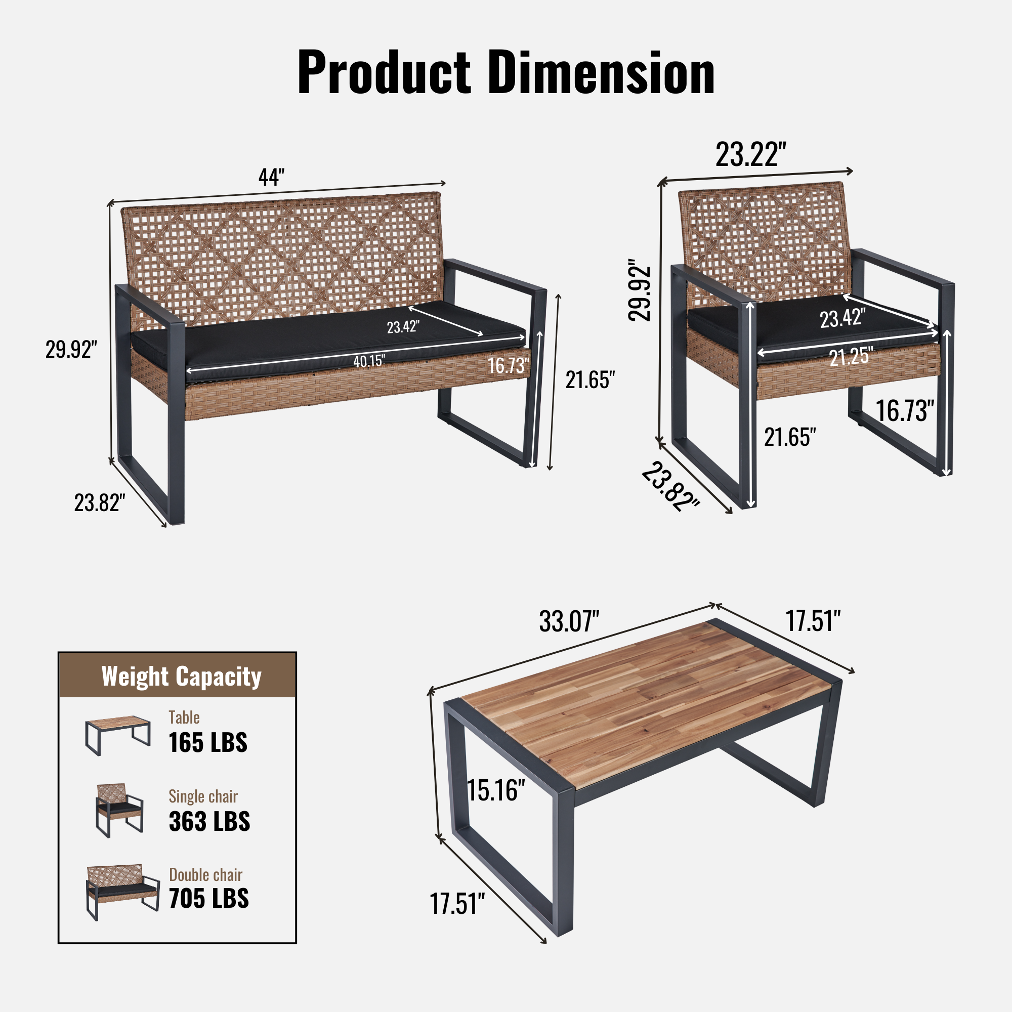 4-Piece Patio Furniture Set Outdoor Balcony Porch Garden Backyard Lawn Furniture Acacia Wood Table Top, Morden Black and Light Brown - Image 3