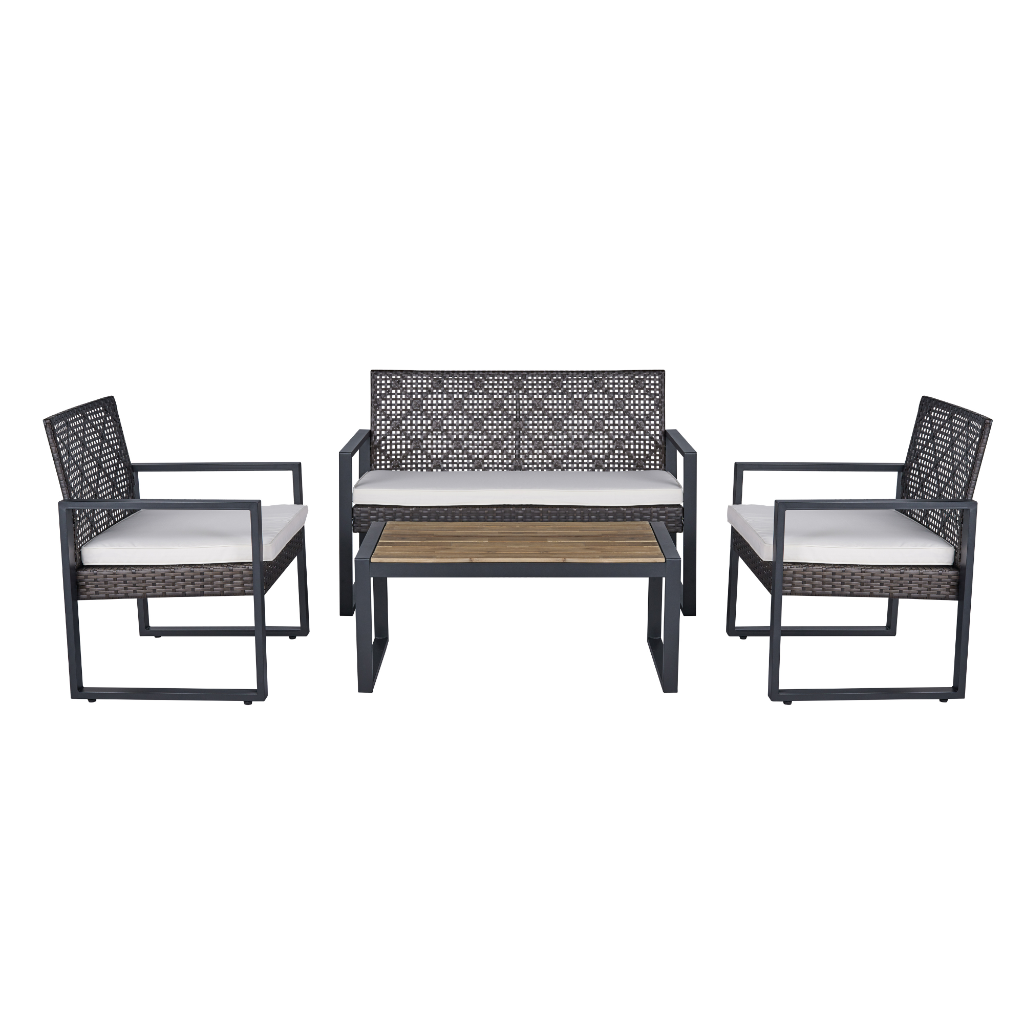 4-Piece Patio Furniture Set Outdoor Balcony Porch Garden Backyard Lawn Furniture Acacia Wood Table Top, Morden Brown and Beige Cushion - Image 2