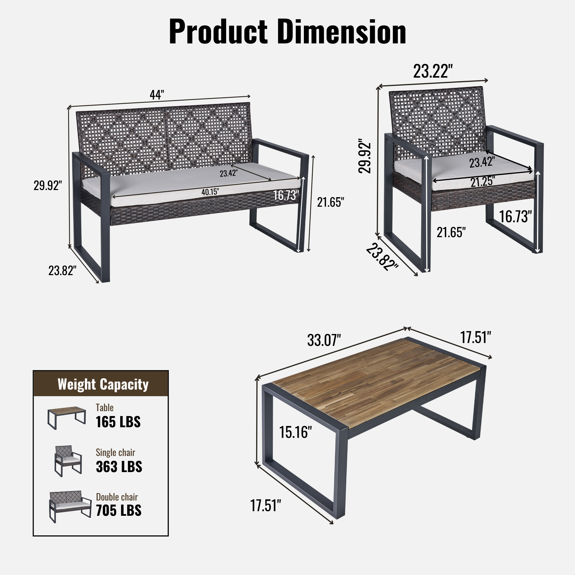 4-Piece Patio Furniture Set Outdoor Balcony Porch Garden Backyard Lawn Furniture Acacia Wood Table Top, Morden Brown and Beige Cushion - Image 3