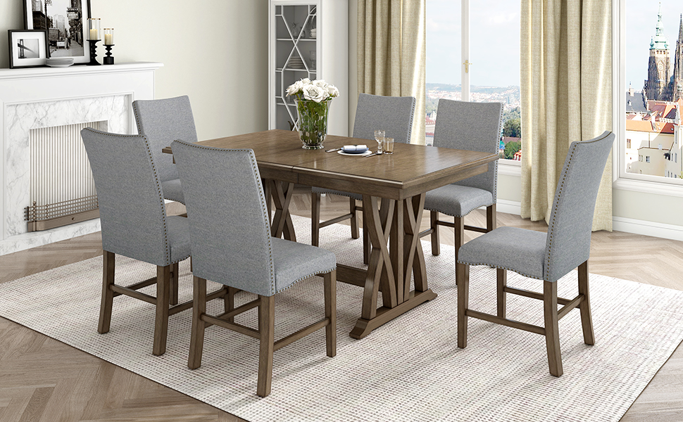TOPMAX Mid-Century Solid Wood 7-Piece Dining Table Set Extendable Kitchen Table Set with Upholstered Chairs and 12" Leaf for 6, Golden Brown+Gray Cushion(Old SKU: SP000015AAD) - Image 3