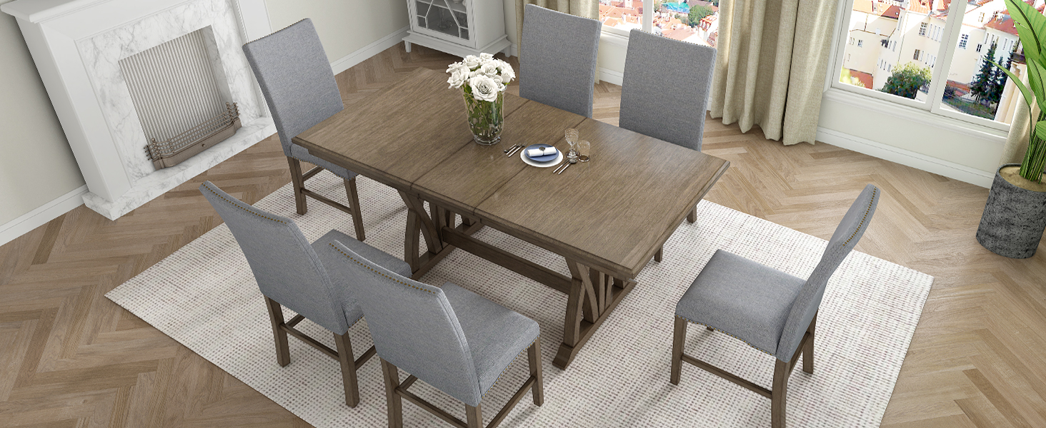 TOPMAX Mid-Century Solid Wood 7-Piece Dining Table Set Extendable Kitchen Table Set with Upholstered Chairs and 12" Leaf for 6, Golden Brown+Gray Cushion(Old SKU: SP000015AAD) - Image 4