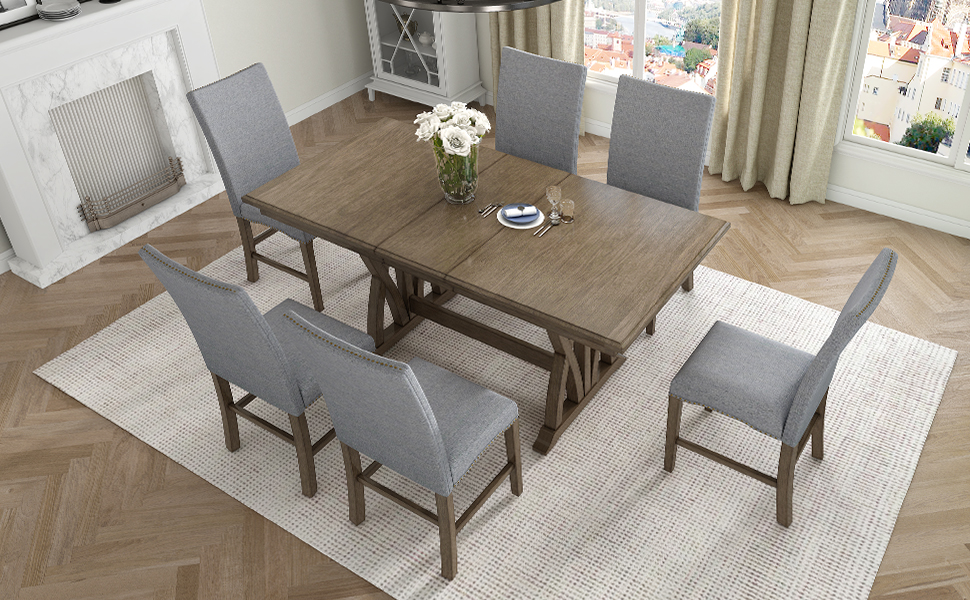 TOPMAX Mid-Century Solid Wood 7-Piece Dining Table Set Extendable Kitchen Table Set with Upholstered Chairs and 12" Leaf for 6, Golden Brown+Gray Cushion(Old SKU: SP000015AAD) - Image 5