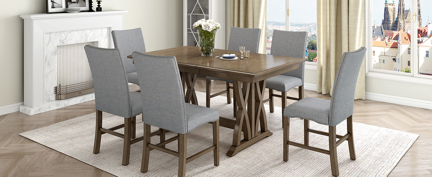 TOPMAX Mid-Century Solid Wood 7-Piece Dining Table Set Extendable Kitchen Table Set with Upholstered Chairs and 12" Leaf for 6, Golden Brown+Gray Cushion(Old SKU: SP000015AAD) - Image 6