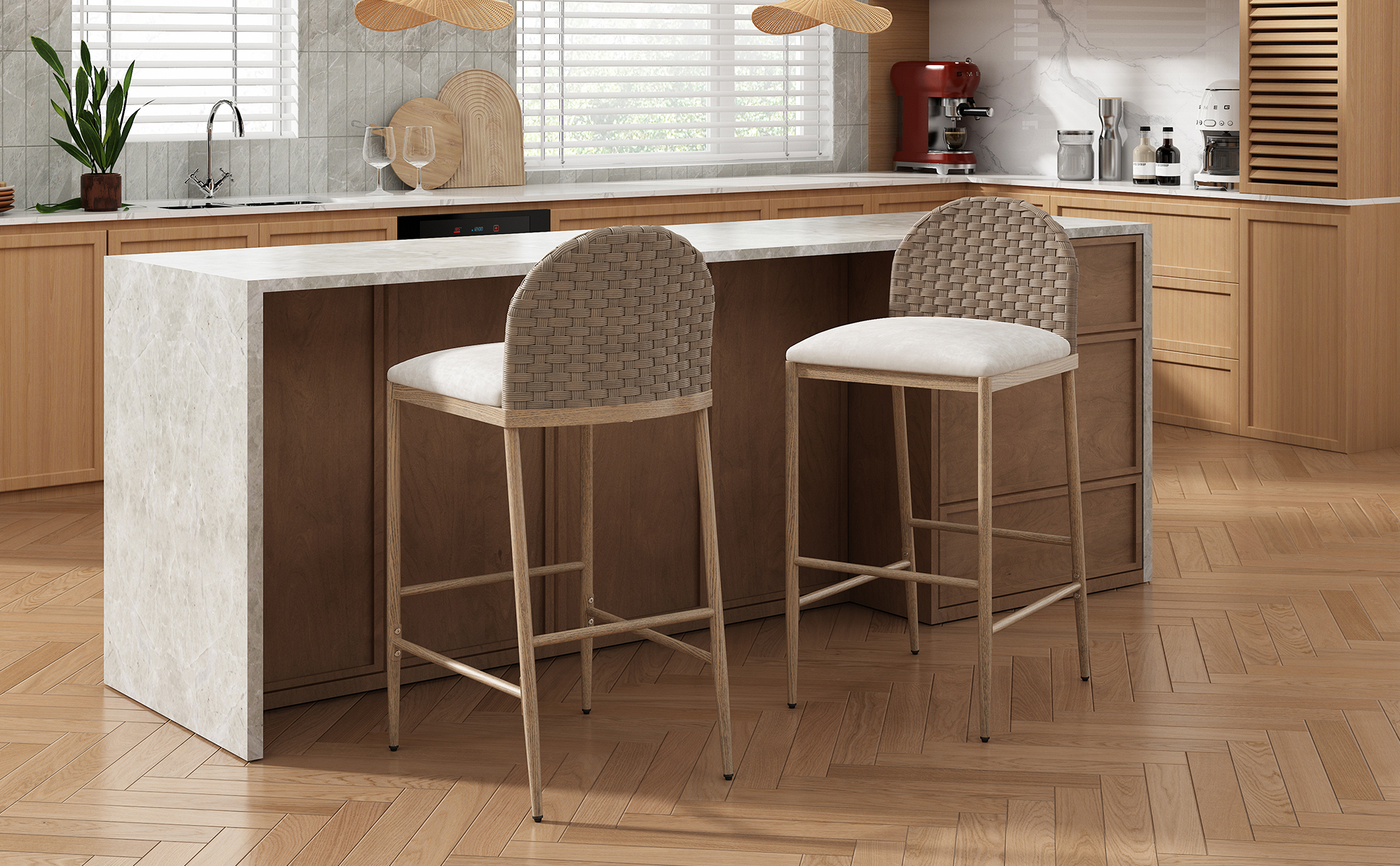 29.5" Farmhouse Barstools Set of 2,Upholstered Armless Iron Counter Stools with rattan Backrest for Kitchen Dining Island Table,Brown+Beige - Image 2