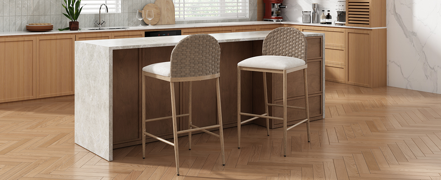29.5" Farmhouse Barstools Set of 2,Upholstered Armless Iron Counter Stools with rattan Backrest for Kitchen Dining Island Table,Brown+Beige - Image 3
