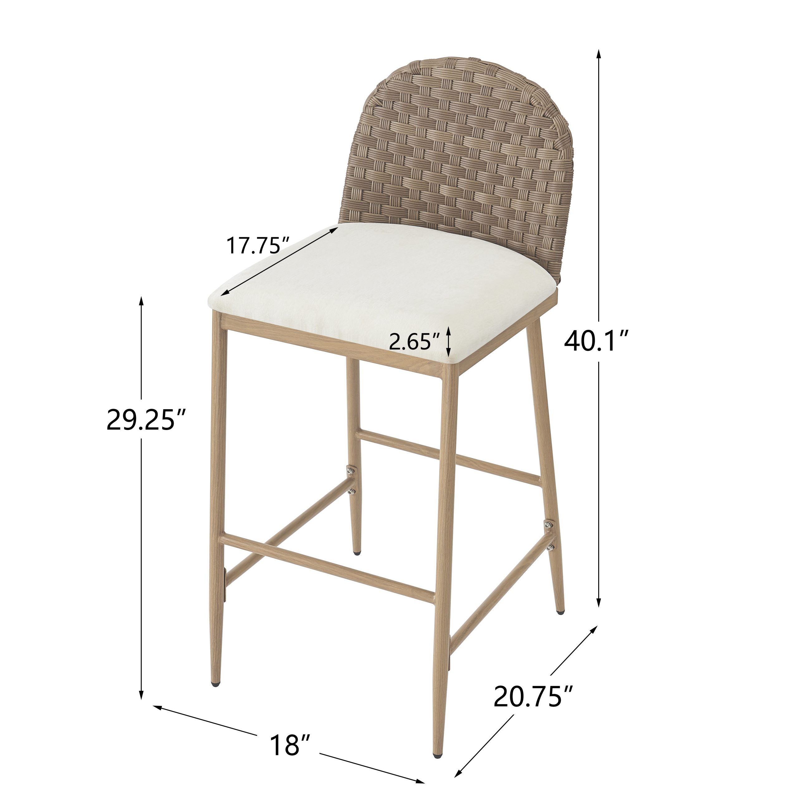 29.5" Farmhouse Barstools Set of 2,Upholstered Armless Iron Counter Stools with rattan Backrest for Kitchen Dining Island Table,Brown+Beige - Image 4