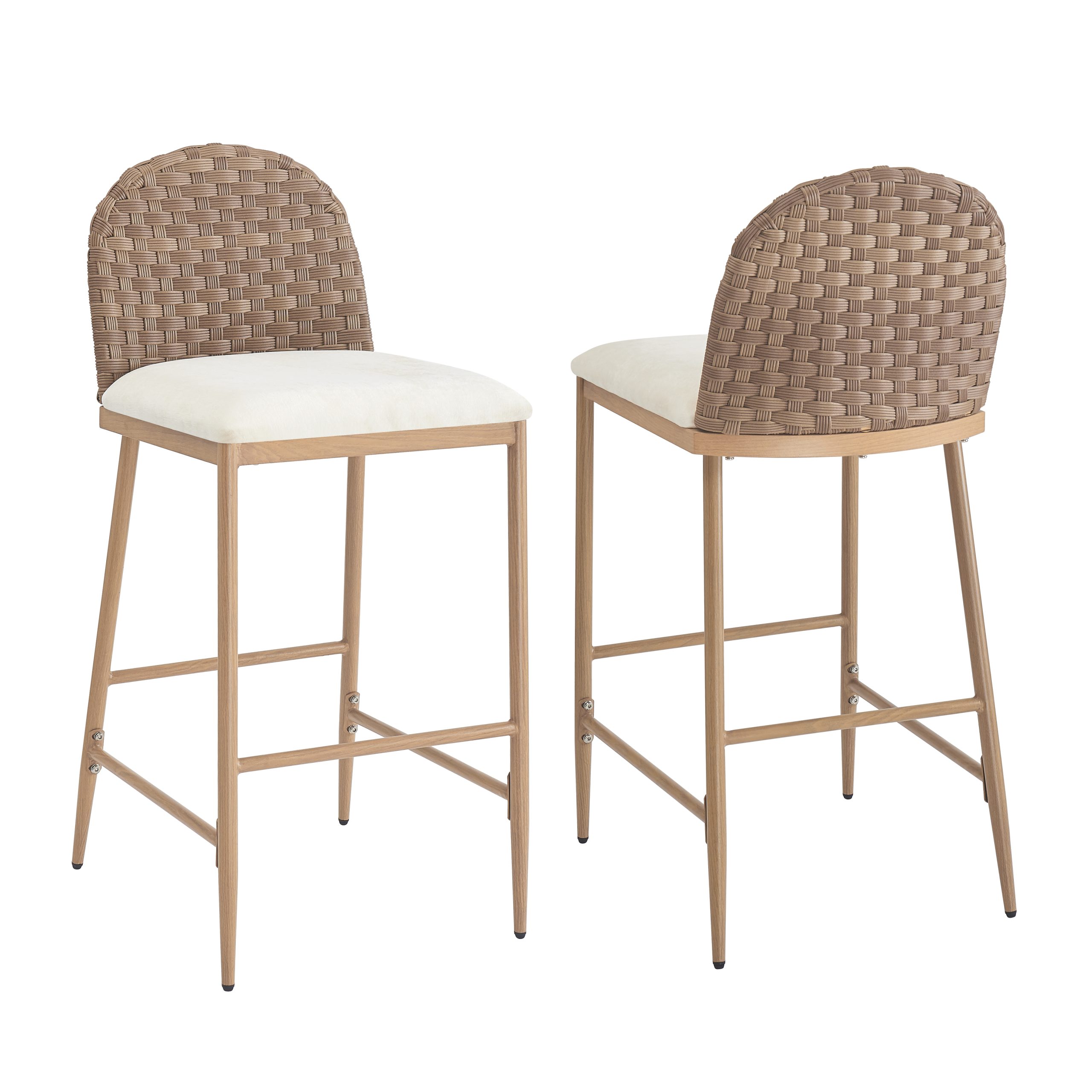 29.5" Farmhouse Barstools Set of 2,Upholstered Armless Iron Counter Stools with rattan Backrest for Kitchen Dining Island Table,Brown+Beige - Image 5