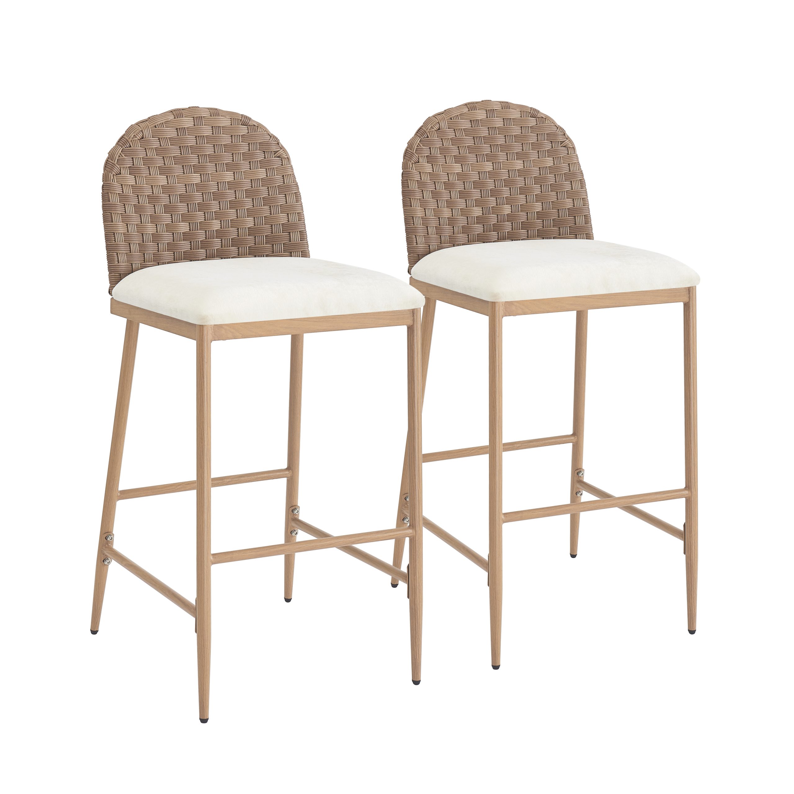 29.5" Farmhouse Barstools Set of 2,Upholstered Armless Iron Counter Stools with rattan Backrest for Kitchen Dining Island Table,Brown+Beige - Image 6