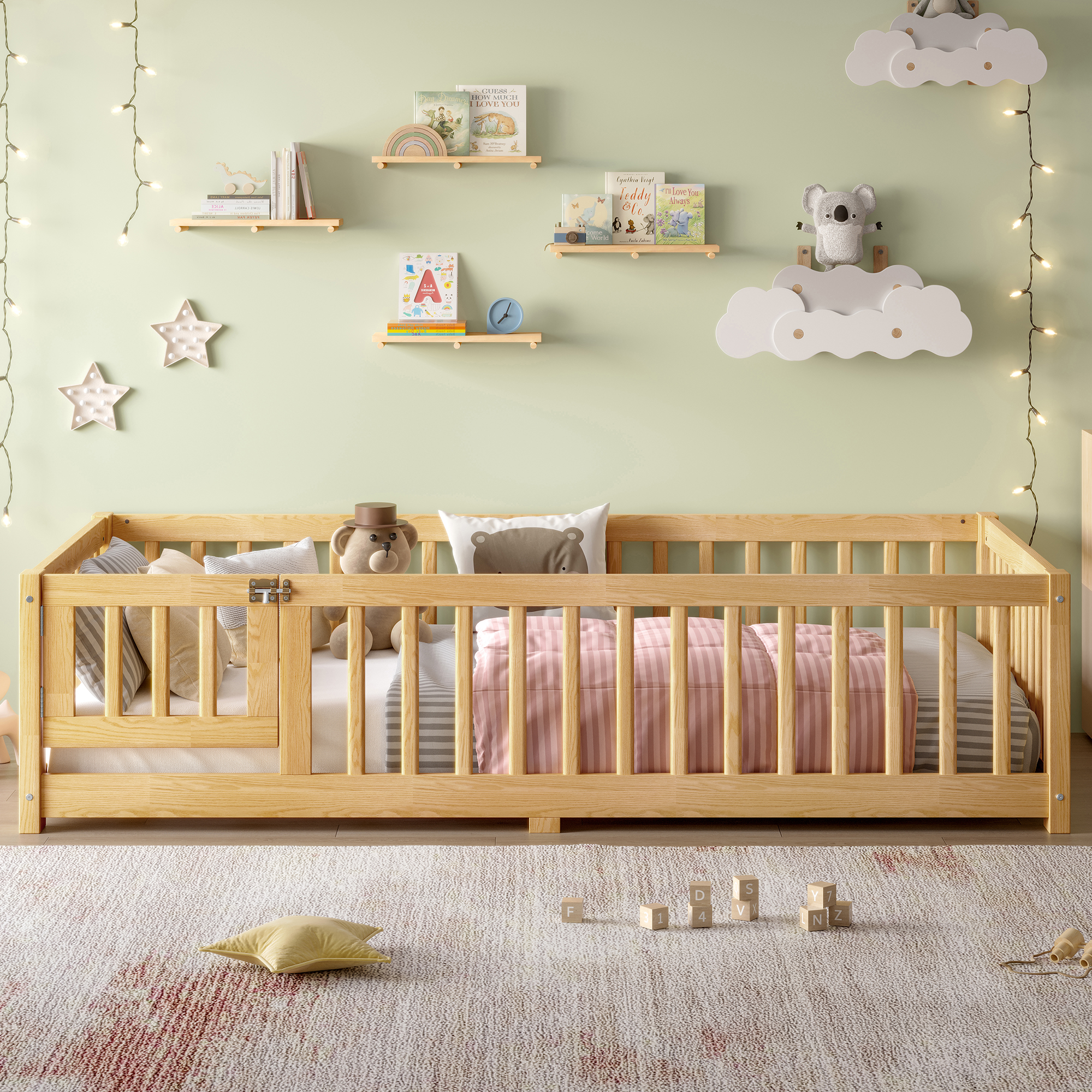 Twin Size Bed Floor Bed with Safety Guardrails and Door for Kids, Natural(Old SKU: W1580P154623) - Image 2