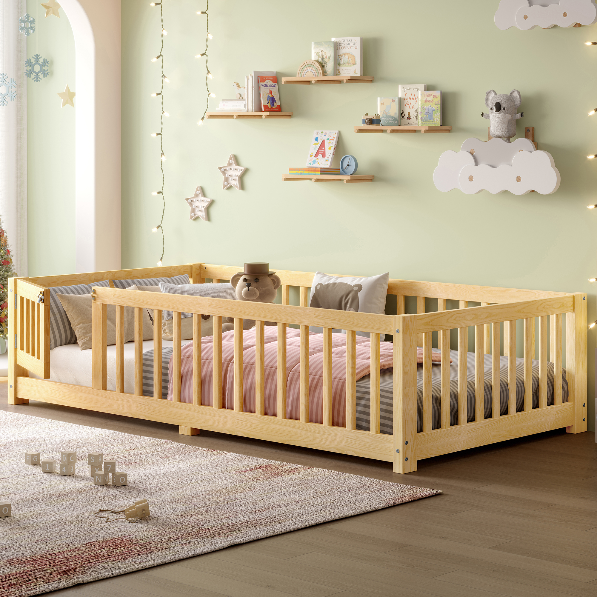 Twin Size Bed Floor Bed with Safety Guardrails and Door for Kids, Natural(Old SKU: W1580P154623) - Image 3
