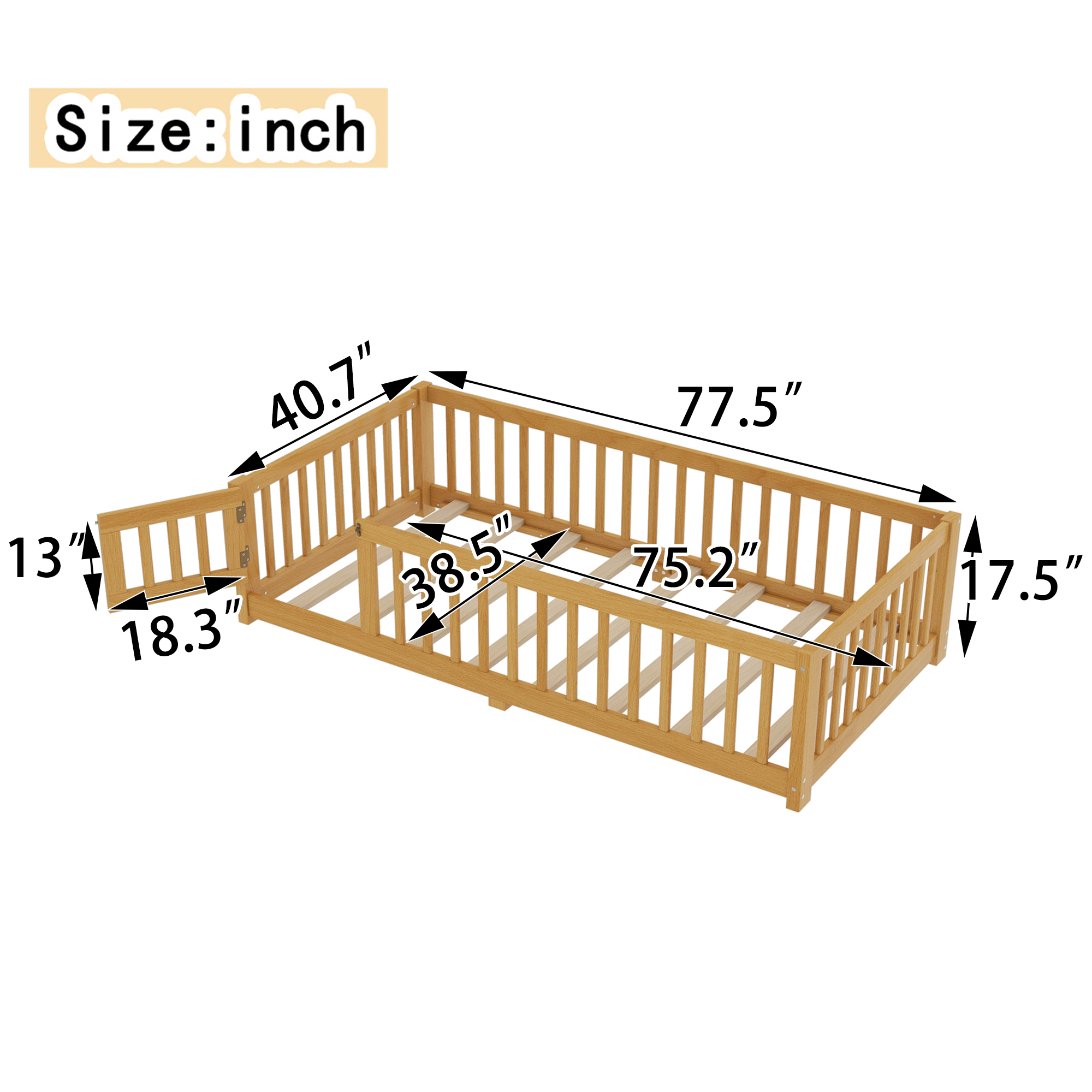 Twin Size Bed Floor Bed with Safety Guardrails and Door for Kids, Natural(Old SKU: W1580P154623) - Image 4