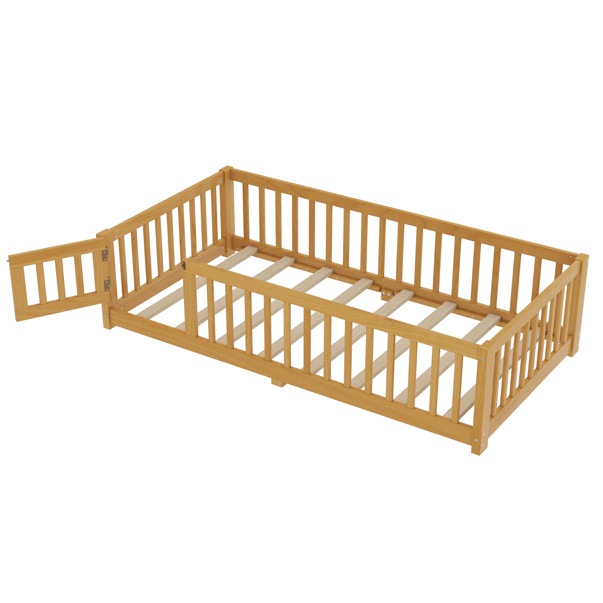 Twin Size Bed Floor Bed with Safety Guardrails and Door for Kids, Natural(Old SKU: W1580P154623) - Image 5