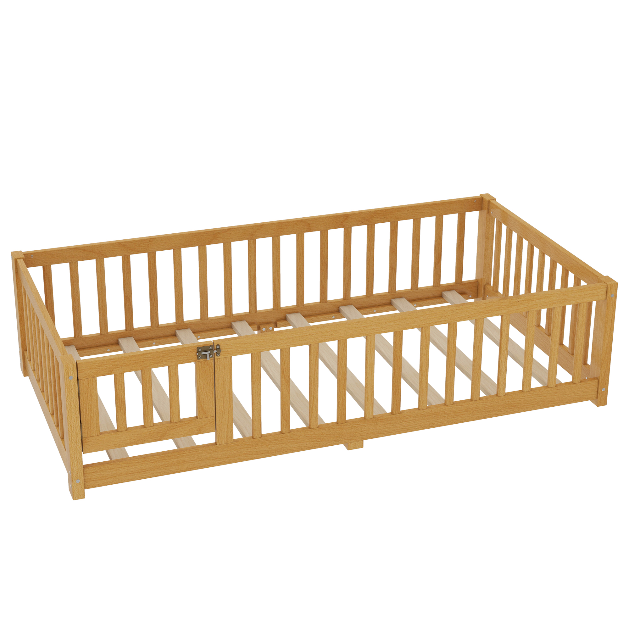 Twin Size Bed Floor Bed with Safety Guardrails and Door for Kids, Natural(Old SKU: W1580P154623) - Image 6