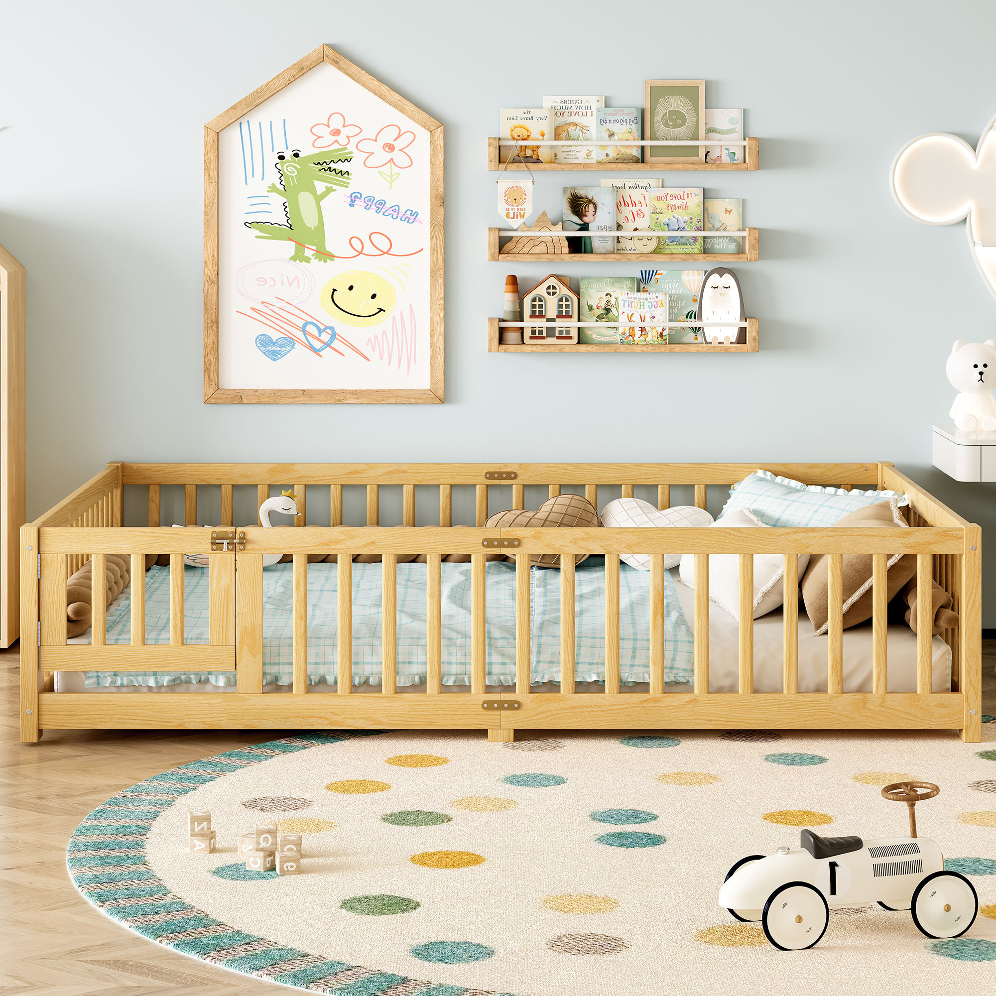 Queen Size Bed Floor Bed with Safety Guardrails and Door for Kids, Natural( Old SKU:W1580P154630) - Image 2