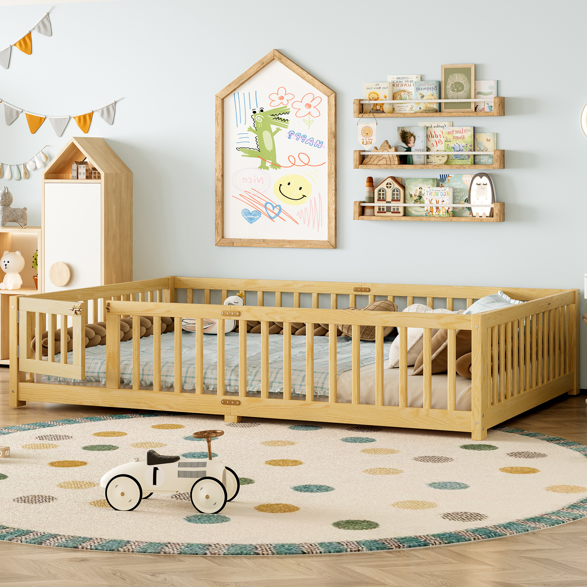 Queen Size Bed Floor Bed with Safety Guardrails and Door for Kids, Natural( Old SKU:W1580P154630) - Image 3