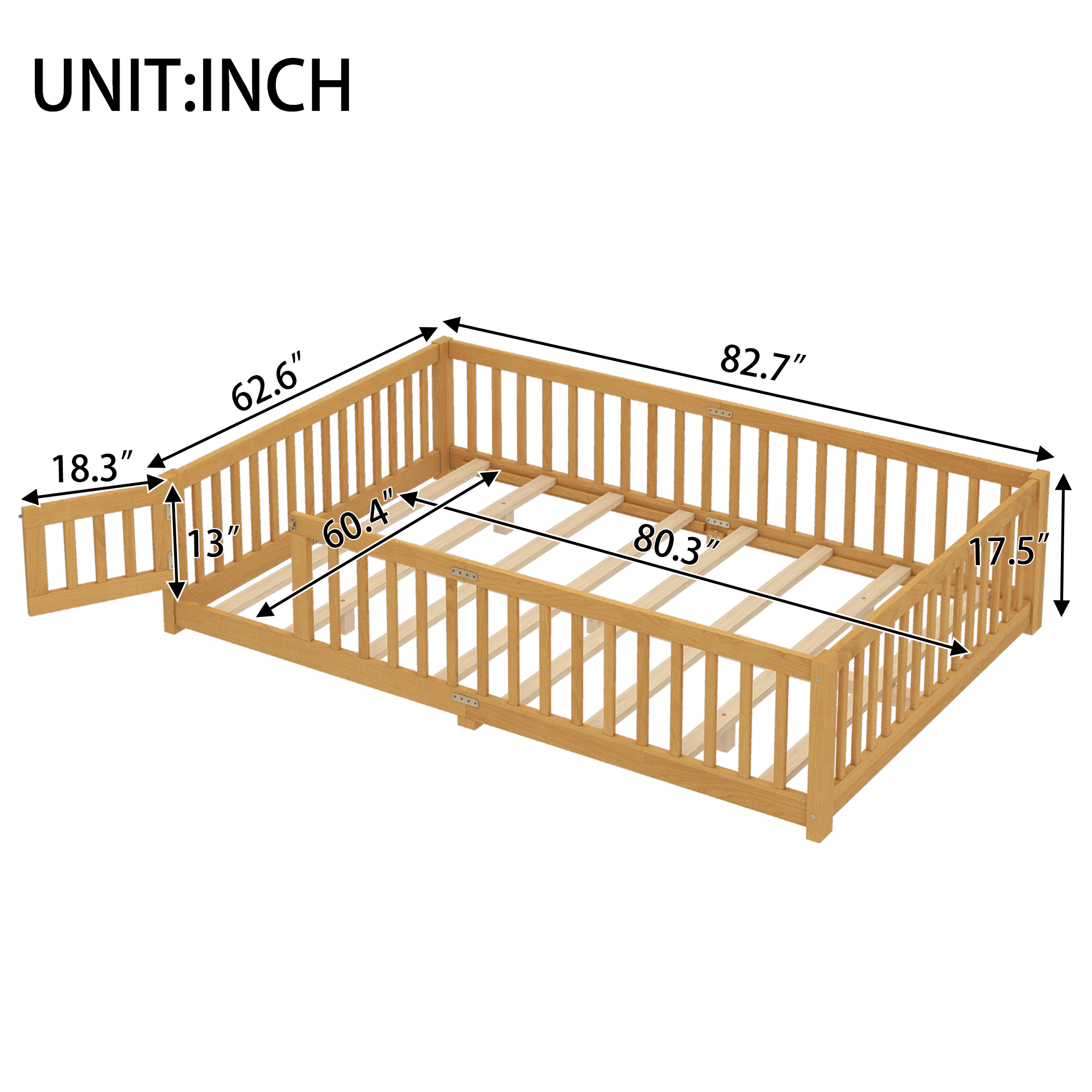 Queen Size Bed Floor Bed with Safety Guardrails and Door for Kids, Natural( Old SKU:W1580P154630) - Image 4