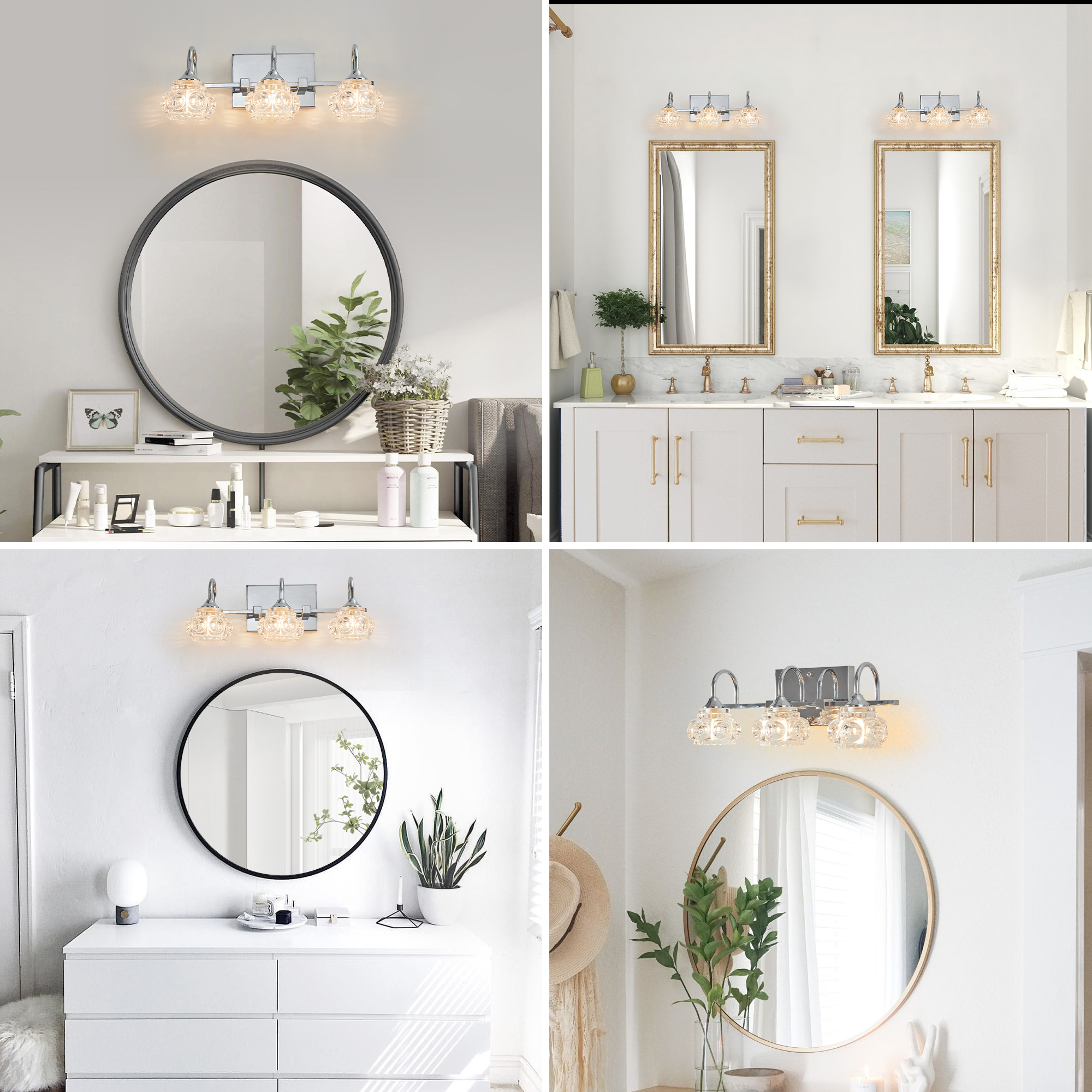 17" Nickel Finish Vintage Crystal Glass Vanity Light - Elegant 3-Light Bathroom Mirror Fixture with Clear Glass Shades (No Bulbs) - Image 4