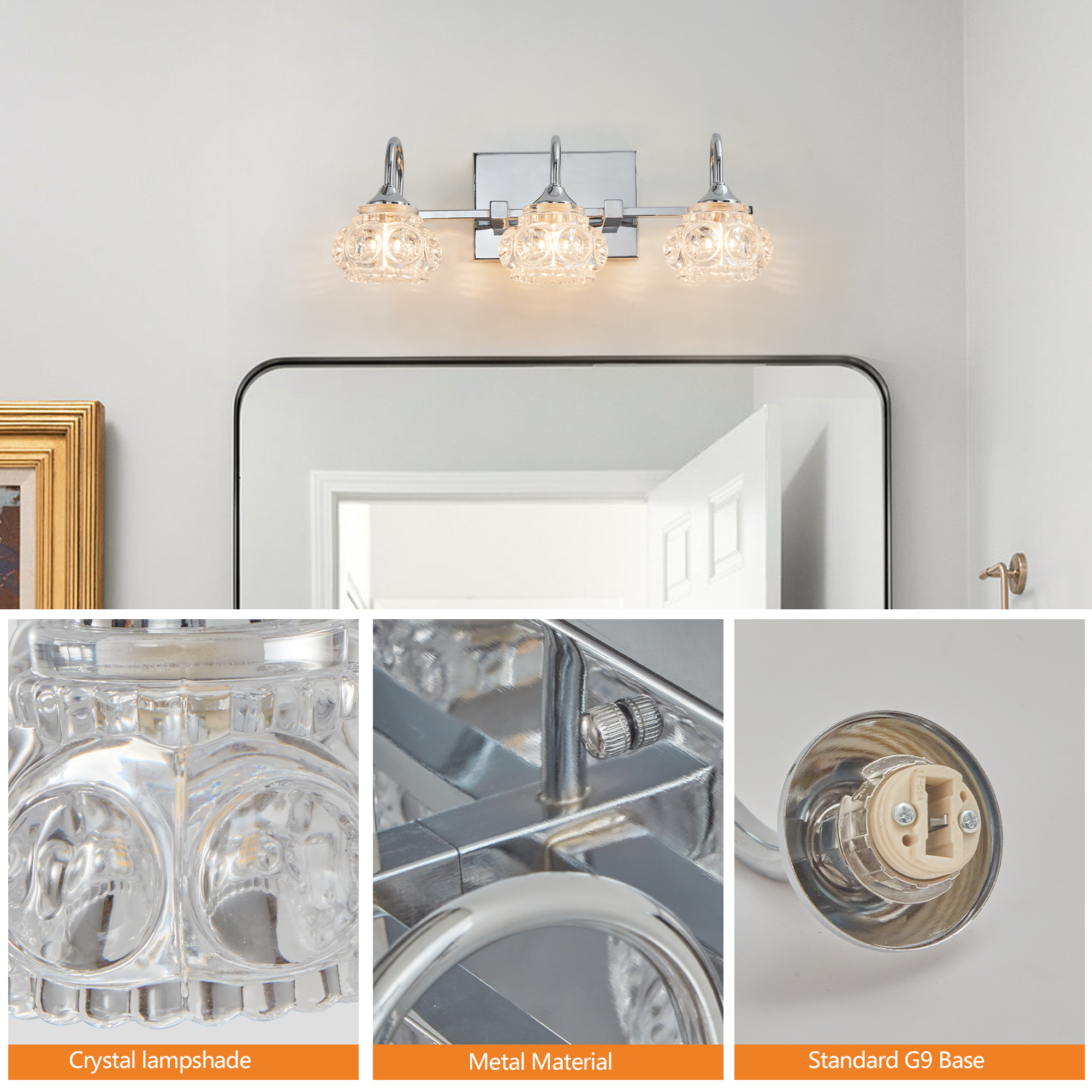 17" Nickel Finish Vintage Crystal Glass Vanity Light - Elegant 3-Light Bathroom Mirror Fixture with Clear Glass Shades (No Bulbs) - Image 5