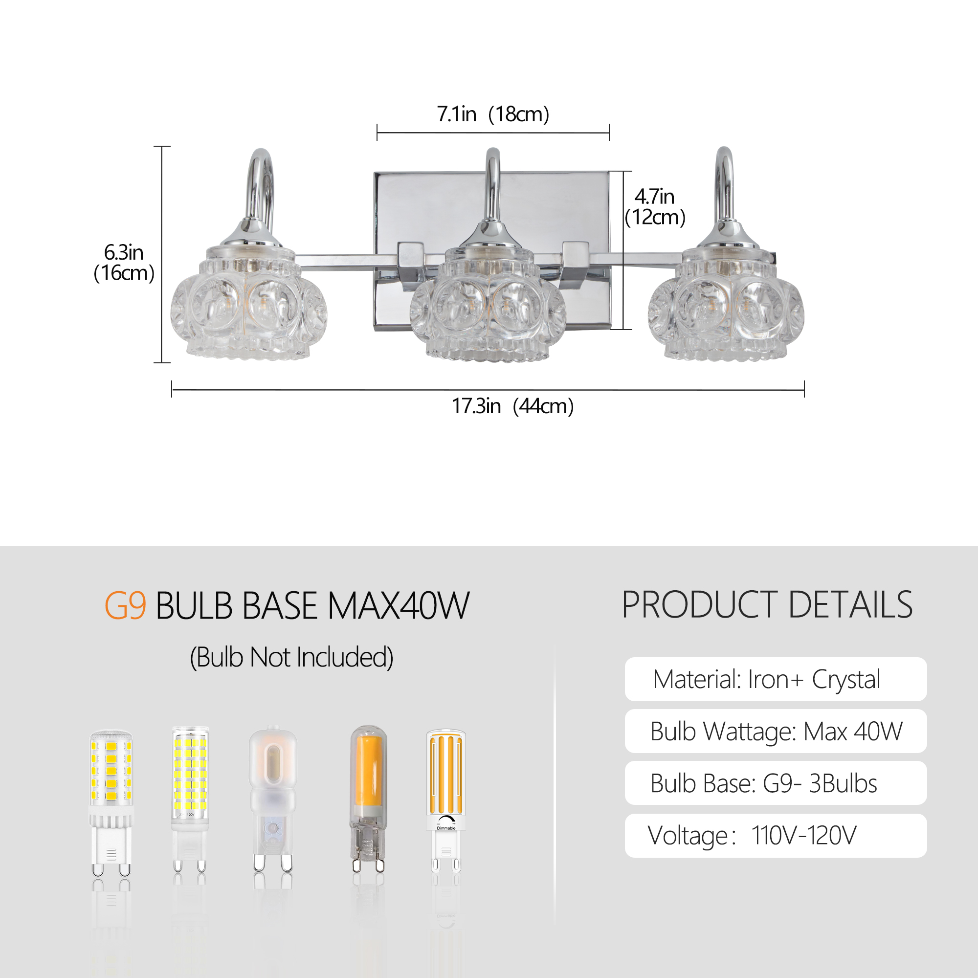 17" Nickel Finish Vintage Crystal Glass Vanity Light - Elegant 3-Light Bathroom Mirror Fixture with Clear Glass Shades (No Bulbs) - Image 6
