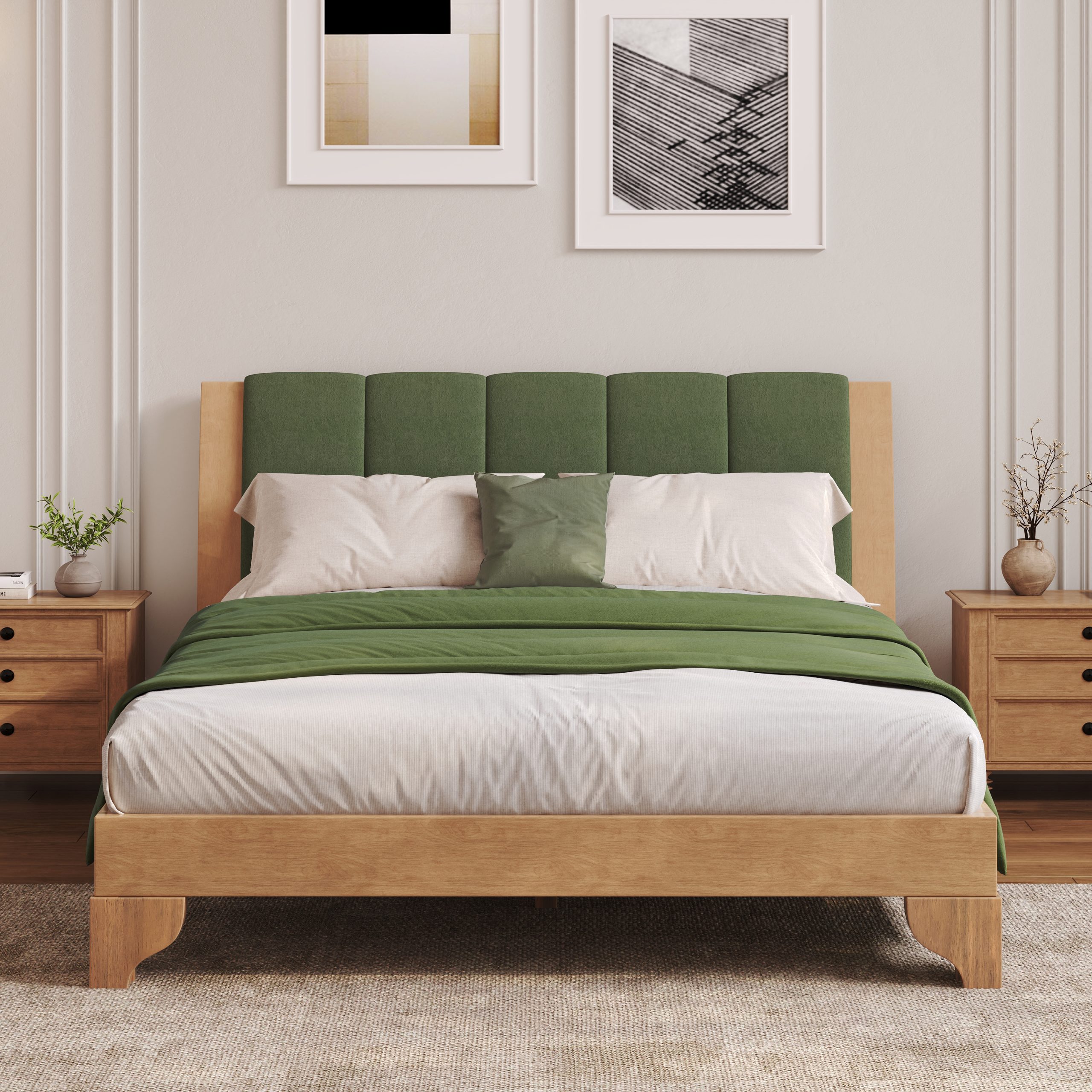 Premium Pine Wood Queen Bed Frame,Queen Size Bed Frame with Headboard Included,Mid Century Modern Bed,Natural&Green Color - Image 3