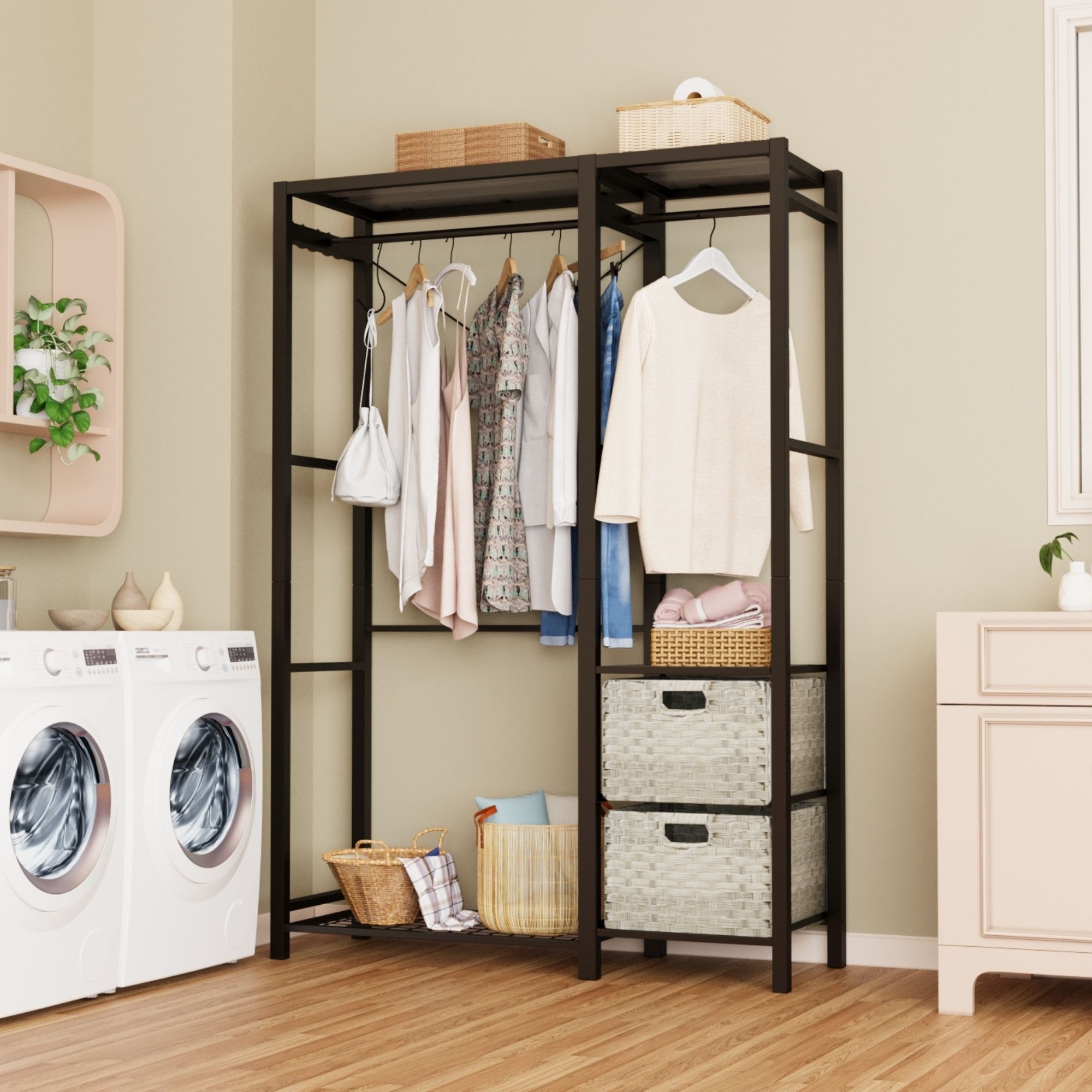 Acacia Wood Garment Racks with Shelves 2 Wicker Drawers and 4 Hooks Heavy Duty Closet Organizer for Hanging Clothes, Freestanding Closet Wardrobe Rack, Light Gray - Image 2